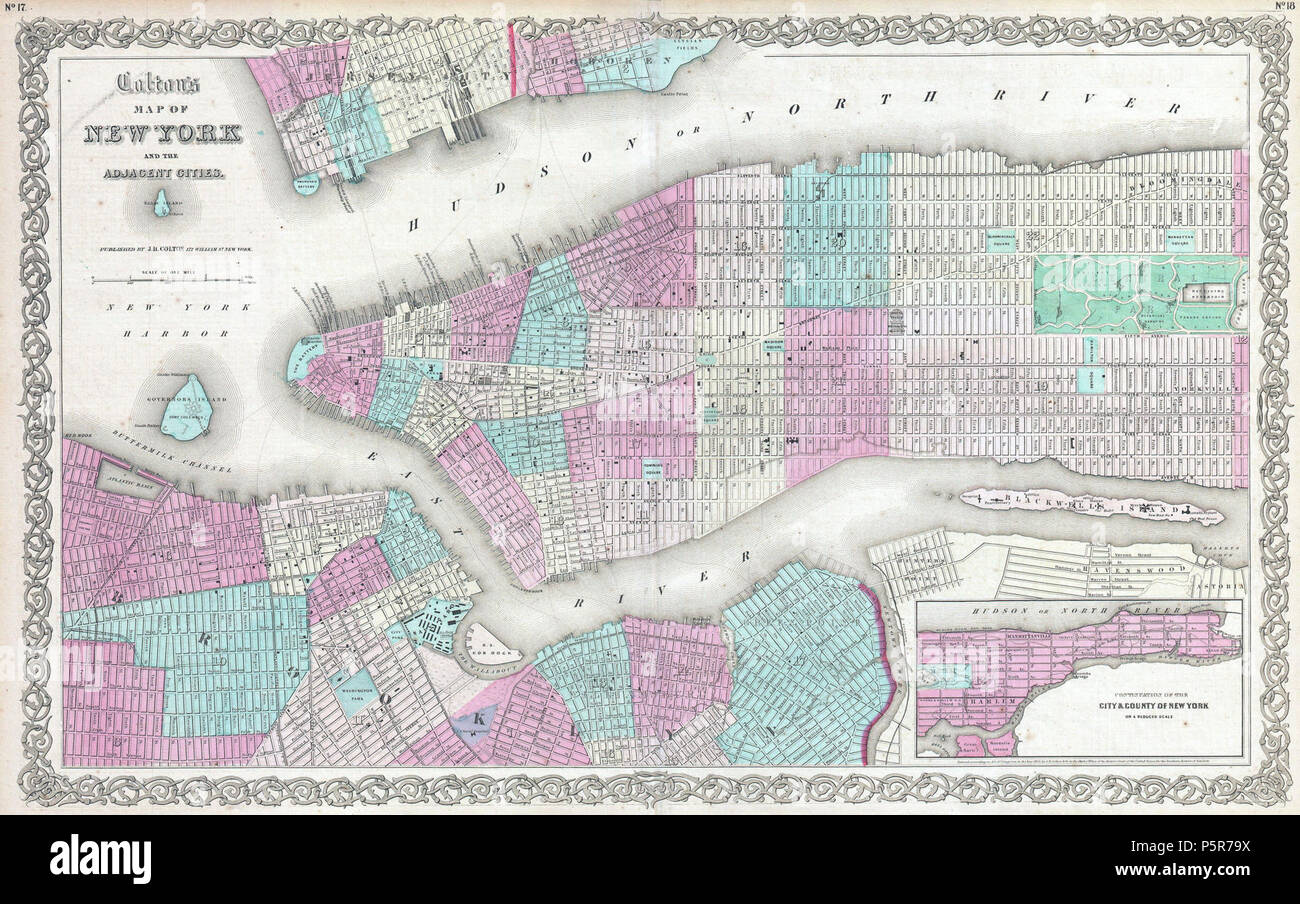 1861 Colton mappa di New York City w- Brooklyn, Manhattan e Hoboken - Geographicus - NewYorkCity-colton-1861. Foto Stock
