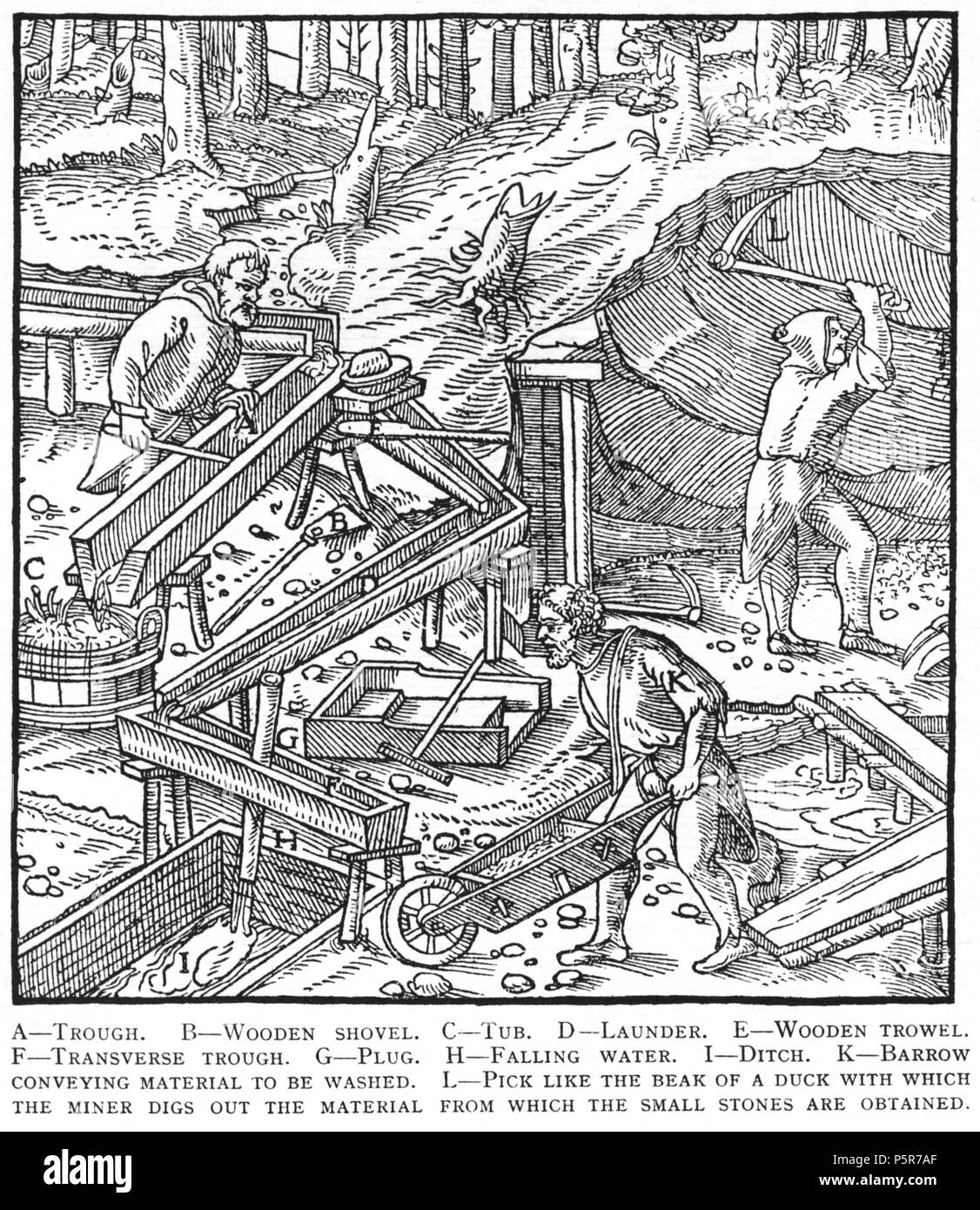 N/A. Xilografia illustrazione da De re metallica di Georgius Agricola. Questo è un 300dpi di scansione dal 1950 Dover edizione del 1913 Hoover traduzione del 1556 riferimento. Il dover edition ha dimensioni leggermente più ridotte di stampe di Hoover (che è un libro raro). Le xilografie sono stati ricreati per il 1913 la stampa. Nomi di file (tranne che per la pagina del titolo) indicano il capitolo (2, 3, 5, ecc.) seguita da il numero sequenziale della figura. 2 maggio 2005, 07:13:28. Il costo totale di proprietà (PARLA) 223 Prenota8-54 Foto Stock