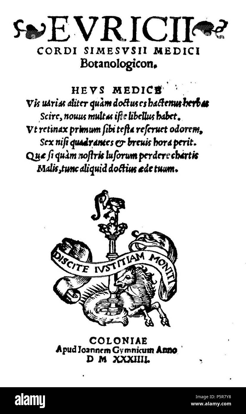 N/A. Deutsch: Titelblatt des Botanologicons von Euricius Cordus, erschienen 1534 in Köln . 1534. Sconosciuto 226 Botanologicon Foto Stock
