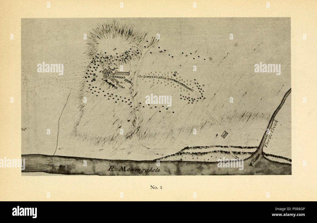 N/A. Inglese: schizzo della battaglia del Monongahela (1755): uno schizzo del campo di battaglia &c, annunziando la disposizione delle truppe circa 2 un orologio quando tutto il corpo principale aveva aderito all'avanzata di lavoro e cerimonie, poi battuto nuovamente dal suolo che occupavano come nel piano n. 1. Spiegazione un, i francesi e gli indiani rintanato dietro alberi round Inghilterra è f, i due pezzi di campo del partito avanzata ormai abbandonato c, d, e, h, i, k, m, n, q, tutto il corpo del British unita, con poco o nessun ordine, ma cercando di ottenere fronti verso il Enemys Fire 1, tre 12 pounder Foto Stock