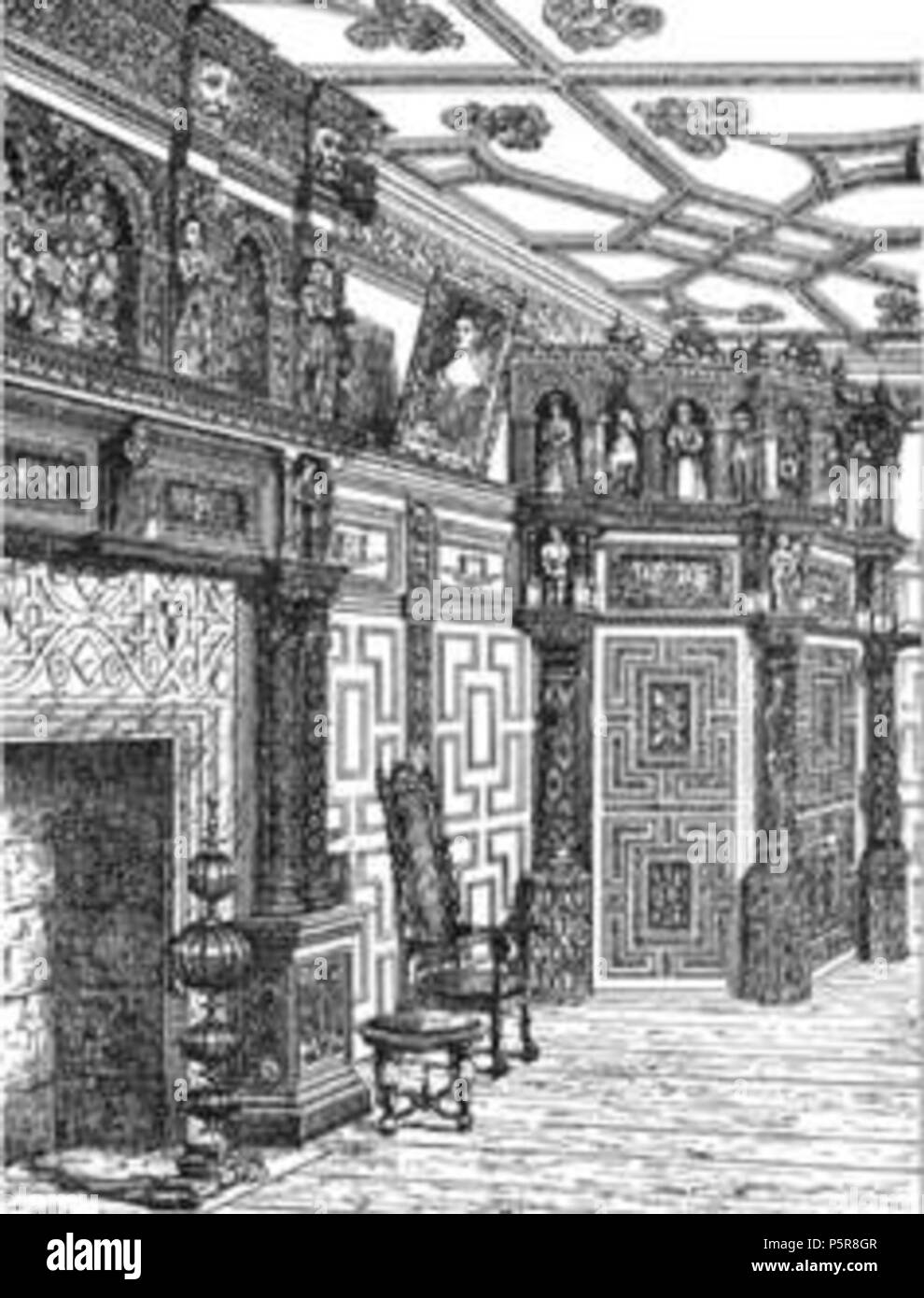 N/A. Inglese: il salotto o 'Spanish Room', Bradfield House, Uffculme, Devon. Mostra un portico interno . 1867. 1867 incisione di 'Palmer', allegato alla relazione da John Hayward (architetto responsabile per 1860's alterazioni) leggere in una riunione presso Bradfield Casa al Congresso dell'Associazione Archeologica (per il grigio, Todd, Devon Paese Case & Giardini inciso, Vol.1, menta premere, Exeter, 2001, pag.39) 228 BradfieldHouseDevonInterior Foto Stock