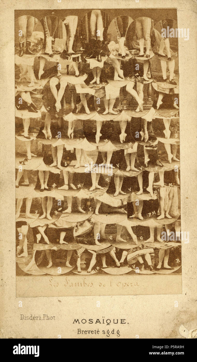 1862 circa, André Adolphe-Eugène Disdéri, Les Jambes de l'opera, Mosaïque, Breveté s.d.g.d., Album di attori francesi, attrici e ballerini, Getty Images. Les Jambes de l'opera; André Adolphe-Eugène Disdéri (francese, 1819 - 1889); circa 1862; albume d'argento; 84.XD.428.12 Foto Stock