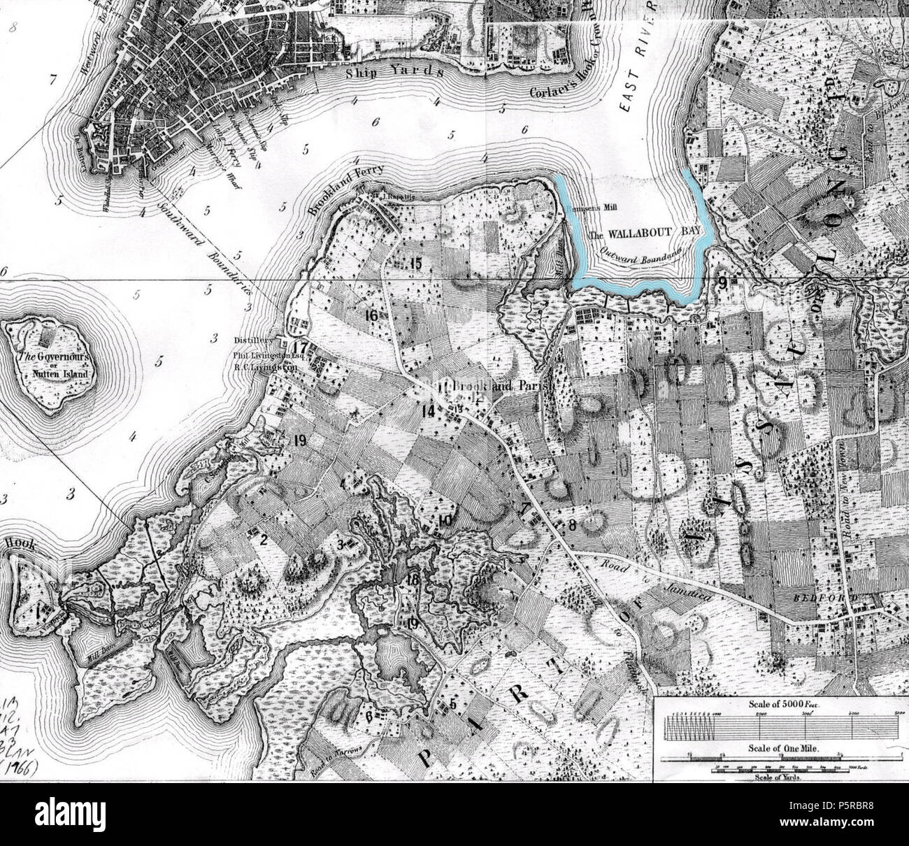 N/A. Mappa di Brooklyn, NY realizzata nel 1766, con Wallabout Bay delinea . 1766. Bernard Ratzer; segnata da oltre il mio Ken (PARLA) 04:22, 5 luglio 2015 (UTC) 242 BrooklynMap1766 Wallabout Bay Foto Stock