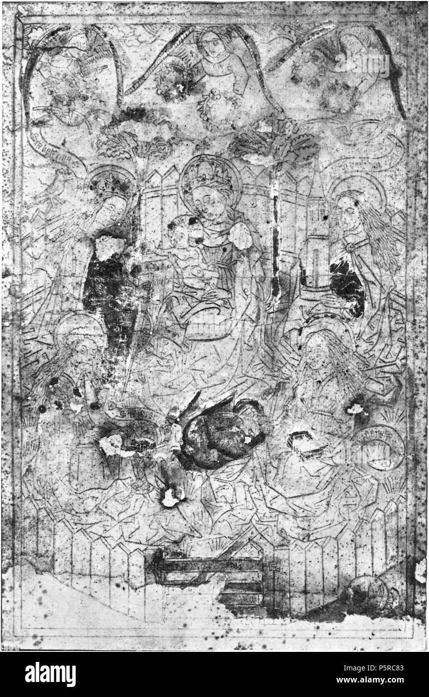 N/A. Inglese: La Madonna di Bruxelles, che mostra la Vergine e il bambino Gesù con i quattro vergine e martire santi in un giardino recintato. Questa volta era pensato per essere il più presto datata xilografia stampa, che si svolge presso la Bibliothèque Royale de Belgique. La data è stata messa in discussione e la stampa è pensato per essere da circa 1460. Il culto del Quatuor Virgines Capitales era popolare nel XV secolo e le raffigurazioni erano comuni. In senso orario da in alto a sinistra: Caterina di Alessandria, con il carnefice di spada e frammento della tortura ruota; la Vergine Maria con Gesù bambino; Barbara con tre-windowe Foto Stock