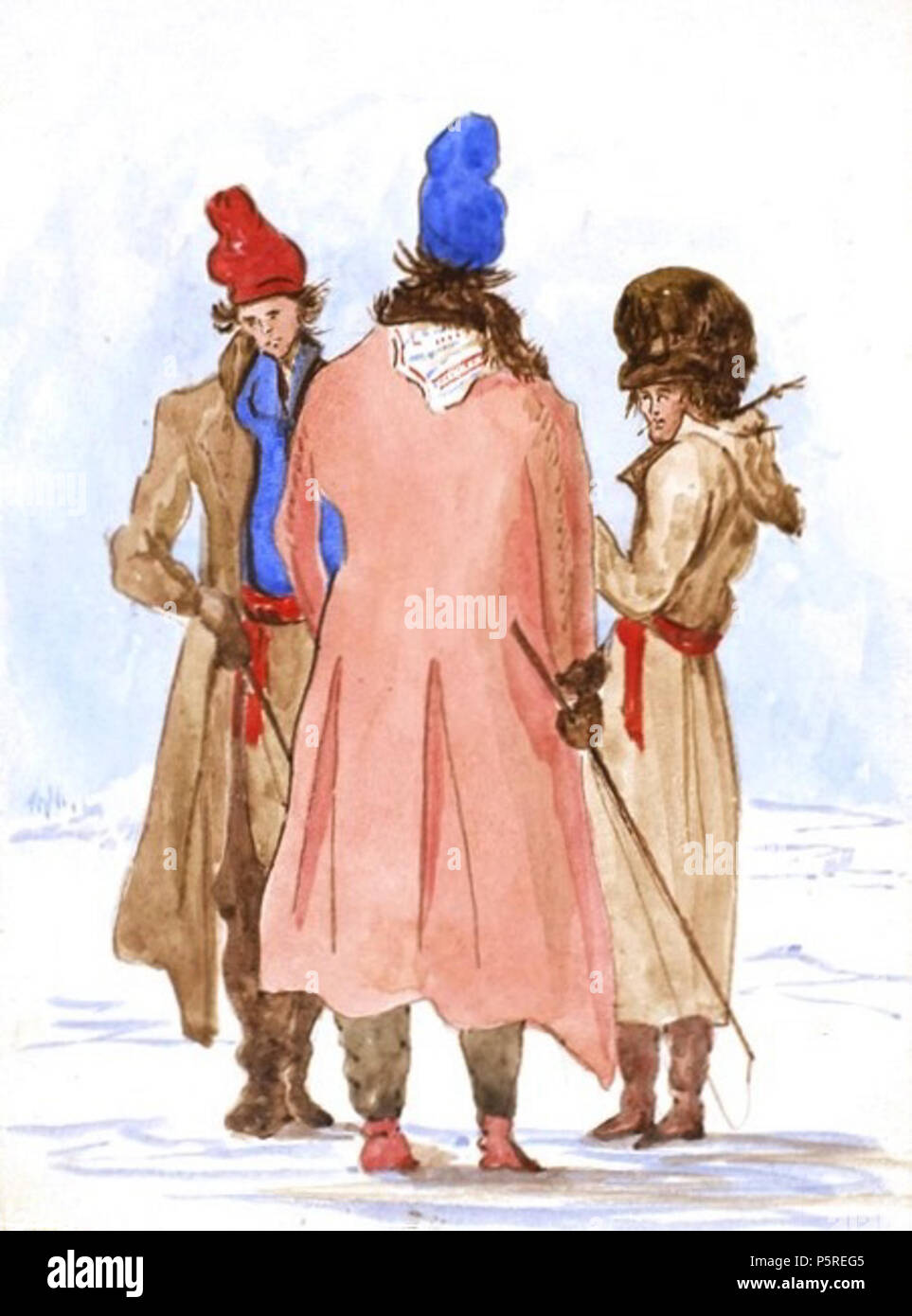 N/A. Inglese: Canadian habitants, acquerello su Grafite su carta intessuta, 15.2 x 11.2 cm Français : Habitants, John Crawford Young (Grande-Bretagne, 1788 - 1859), Aquarelle sur mine de plomb sur papier vélin, 15,2 x 11,2 cm . tra circa 1825 e circa 1827. John Crawford 266 giovani Canadian habitants, John Crawford Giovani Foto Stock