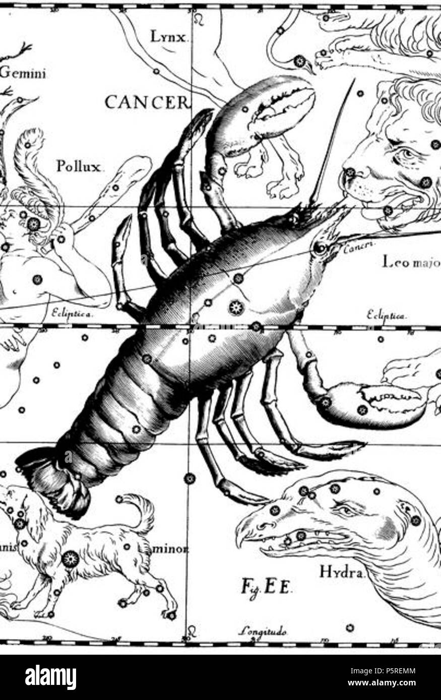 N/A. L'en:Costellazione del cancro da Uranographia di Johannes Hevelius. La vista è specchiata seguendo la tradizione dei globi celesti, che mostra la sfera celeste in una vista dall 'esterno' . 1690. Johannes Hevelius 266 Cancro Hevelius Foto Stock