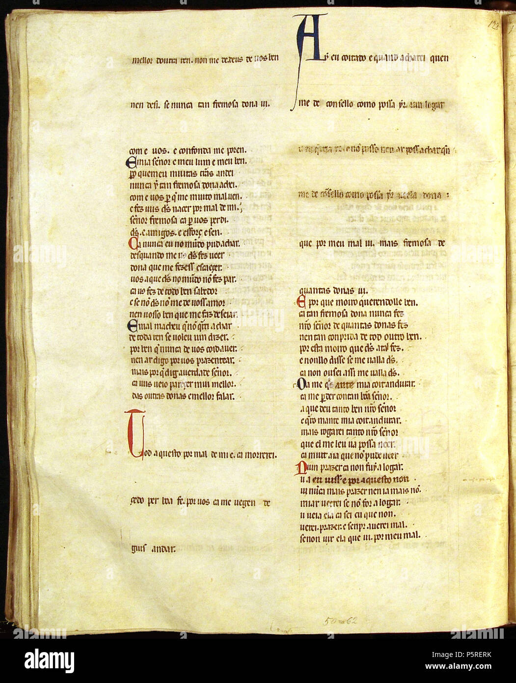 Cancioneiro da Ajuda. Inglese: Cancioneiro da Ajuda manoscritti Português: manuscritos do w:Pt:Cancioneiro da Ajuda Pero Garcia Burgalês. Ia mia senhor e meu lum"e meu bem! (A 101, B 208), Ai ue coitado! E quand'acharei quen (A 102, B 209/210) 266 Cancioneiro da Ajuda 128 25v Foto Stock