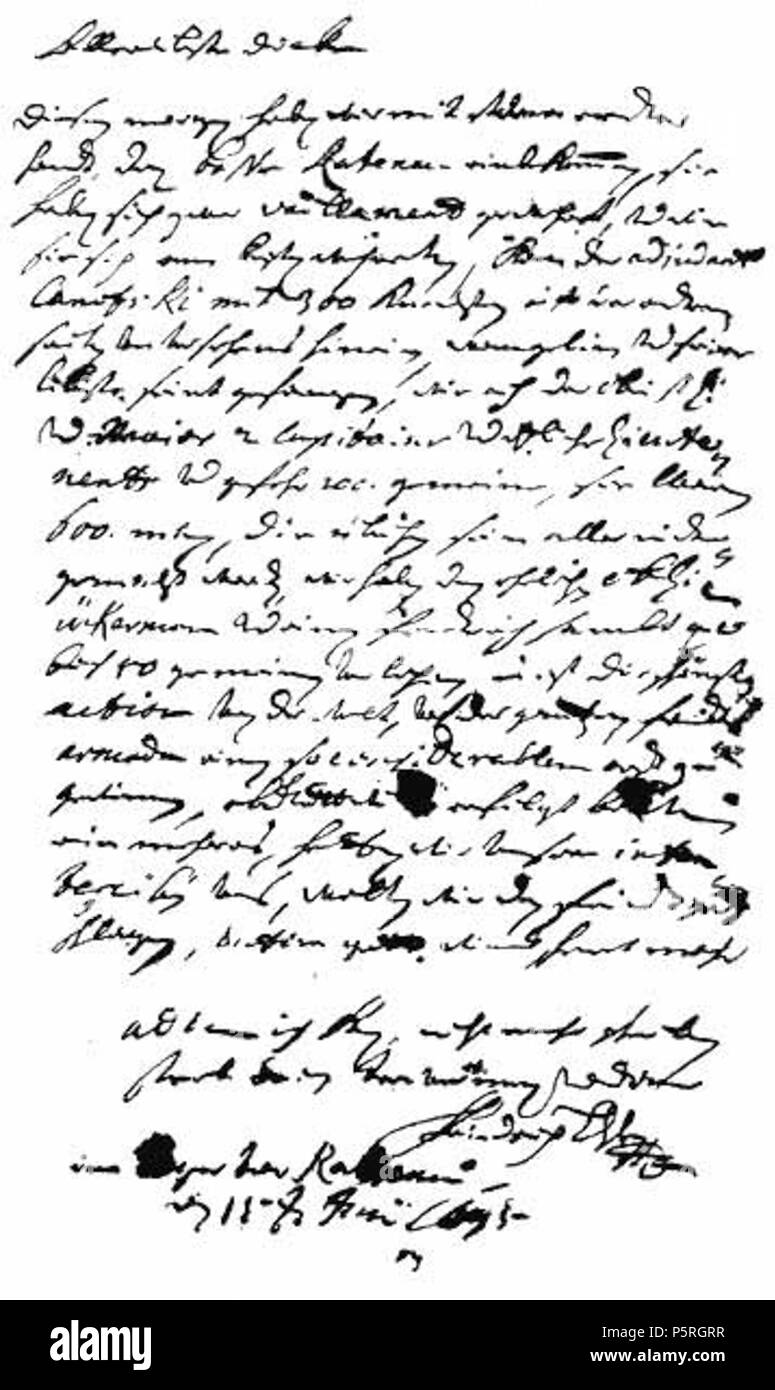 N/A. Deutsch: Breve des Landgrafen Friedrich von Hessen-Homburg vom 15.6.1675 un seine Gemahlin: 'Allerlibste Dicke Diesen Morgen haben wir mit stürmender handt, den Basse Ratenau einbekommen, sie haben sich zwar vaillament gewehret, und wie sie sich am besten wehreten, kam der Adjudant Canolski mit 300 Knechten auff der seiten unversehens hinein, wangelin und seine libste seint gefangen, wie auch der Obristl. und Major, 2 Captaine und ettliche Lieutenents, und gefehr 100 gemeine, Sie waren 600 Mann, Die übrichen sein alle nidergemacht worden, Wir haben den ehrlichen obL. Ückermann und einen f Foto Stock