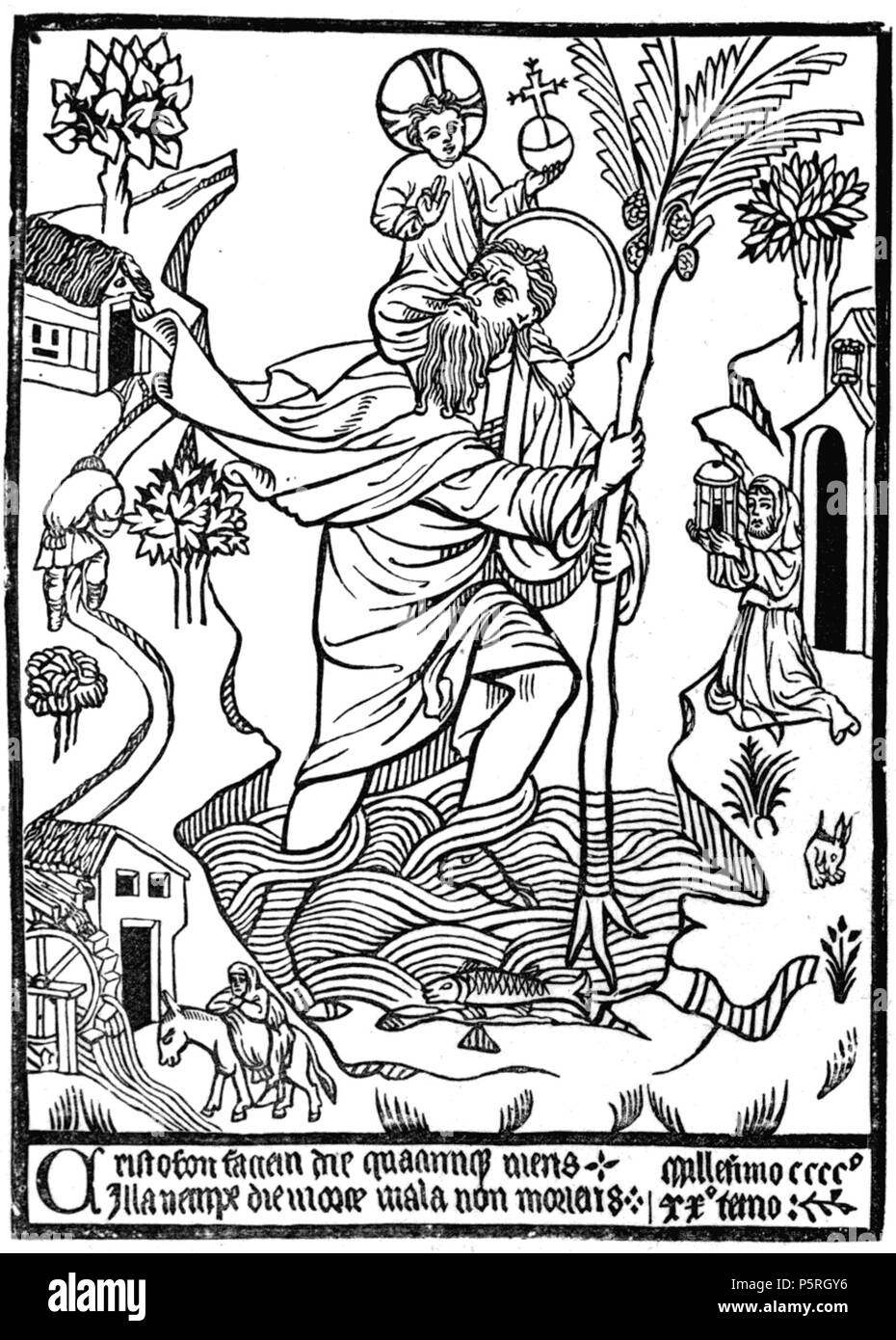 235 Breve storia del legno-incisione St Christopher Foto Stock