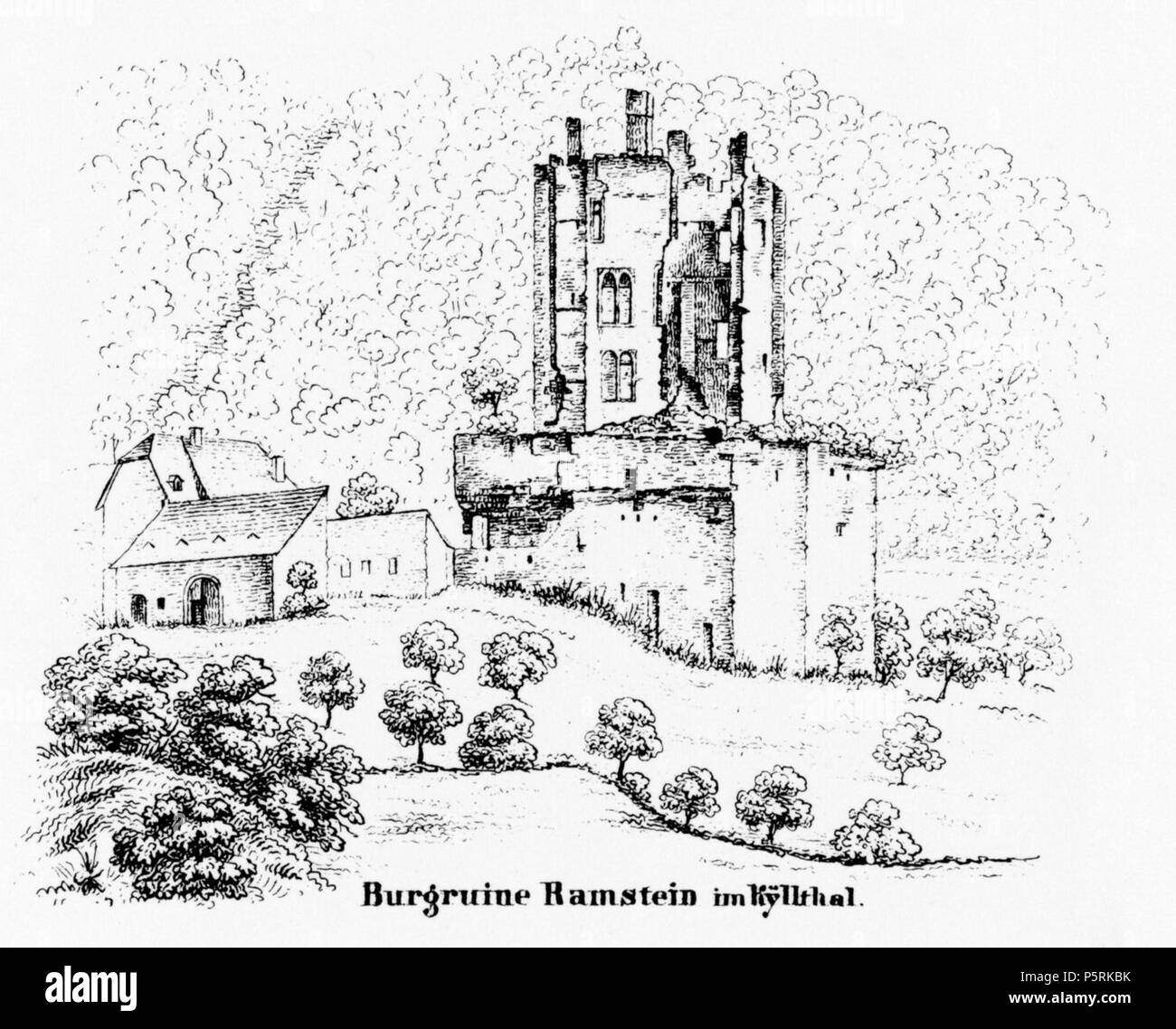 N/A. Deutsch: Zeichnung der Burgruine Ramstein in Kordel, Renania-Palatinato . circa 1840. Franz Xaver Becker (1818-1860) 250 Burg Ramstein Becker c. 1840 Foto Stock
