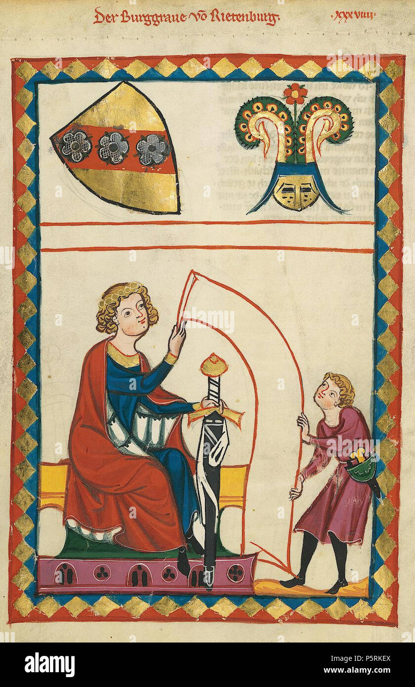N/A. Deutsch: Codex Manesse, UB Heidelberg, Cod. Pal. germe. 848, fol. 119v. Burggraf von Ritenburg (Riedenburg) . tra 1305 e 1315. Meister des Codex Manesse (Grundstockmaler) Descrizione pittore tedesco periodo di lavoro c. 1305-1340 () 250 Burggraf von Riedenburg Foto Stock