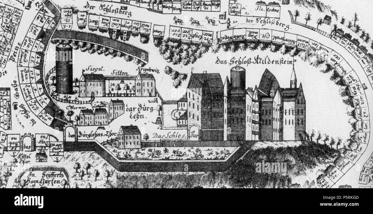 N/A. Deutsch: Abbildung der Burg Mildenstein auf einem alten Stadtplan von Leisnig. Inglese: illustrazione di Mildenstein Castello su una vecchia mappa di Leisnig. 1753. Johann Kamprad, Scansione da Sir Gawain 250 BurgMildenstein1753JohannKamprad Foto Stock