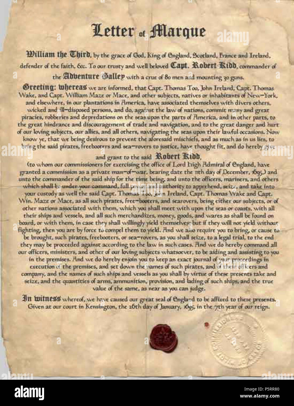N/A. Inglese: il capitano William Kidd è stato talvolta chiamato anche William Kidd o Robert Kidd. Egli è stato un successo proprietario del terreno in Manhattan Island nelle colonie americane e ha voluto provare la sua mano a Privateering. Egli ha ricevuto questa particolare licenza Privateering insieme con una lettera di rappresaglia contro mercantili francesi. Ha navigato con entrambe le commissioni fuori di Plymouth in Inghilterra nel maggio 1696 a bordo della cucina di avventura. La sua nave portato 30 pistole e aveva 80 equipaggi. Dopo molti mesi in mare con nessun bottino il suo equipaggio mutinied e sono diventati tutti i pirati. 1696. Sconosciuto 269 CaptainKiddLetterofMarque Foto Stock