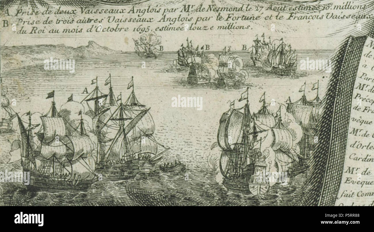 N/A. Français : rotocalco mettant en scène la cattura de plusieurs gros navires par le marquis de Nesmond en 1695 dans la manche. Guerre de la Ligue d'Augsbourg. 1696. Nicolas Langlois (1640-1703) 269 catturare de plusieurs navires par le marquis de Nesmond en 1695 Foto Stock