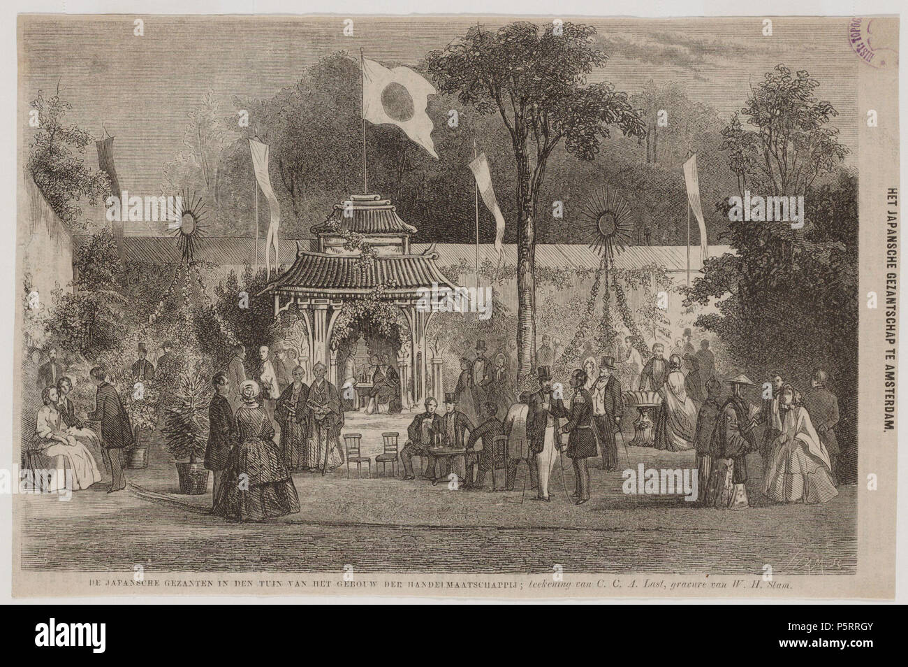 N/A. Nederlands: Beschrijving Het Japansche gezantschap te Amsterdam Bezoek van het giapponesi gezantschap aan Amsterdam. De gezanten giapponesi in de tuin van het gebouw van de Nederlandsche Handel-Maatschappij, Herengracht 466. In de tuin was een laccati. paviljoen geplaatst, met daarachter een schildering van het paleis in de giapponesi keizersstad Edo, het huidige Tokio. Op het dak van het paviljoen de vlag giapponesi. Techniek: houtgravure. Documenttype prent Vervaardiger ultimo, Carel Christiaan Antony Stam, W.H. Collectie Collectie Stadsarchief Amsterdam: tekeningen en prenten Datering 1862 Geografisch Foto Stock