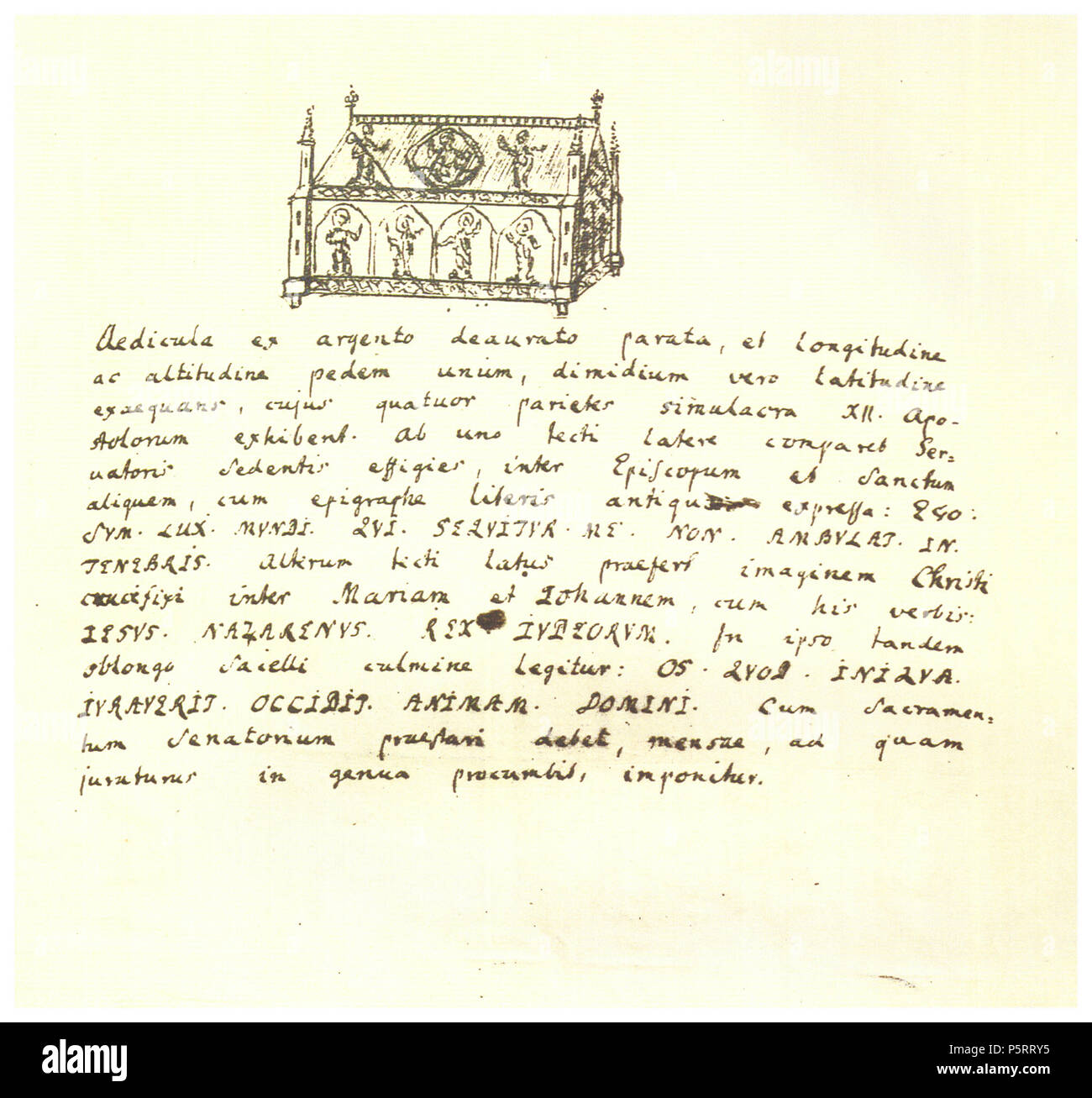 N/A. Deutsch: Federzeichnung der seit 1811 verlorenen spätgotischen Lübecker Eideskapelle des Rathauses Lübecker in forma eines gotischen Reliquiars durch den Lübecker Syndicus Carl Henrich Dreyer im Besitz des Archivs der Hansestadt Lübeck (Museo Dreyerianum Beato 190). Sie war nach den Beschreibungen silbervergoldet, einen (Lübecker) Fuß hoch wie lang und hatte ein Gewicht von 848 Gramm (=58 Sacco). Literatur: Friedrich Bruns, Hugo Rahtgens, Lutz Wilde: Die Bau- und Kunstdenkmäler der Hansestadt Lübeck. I banda, 2. Teil Rathaus und öffentliche Gebäude der Stadt. Max Schmidt-Römhild, Lubecca 1974, Foto Stock