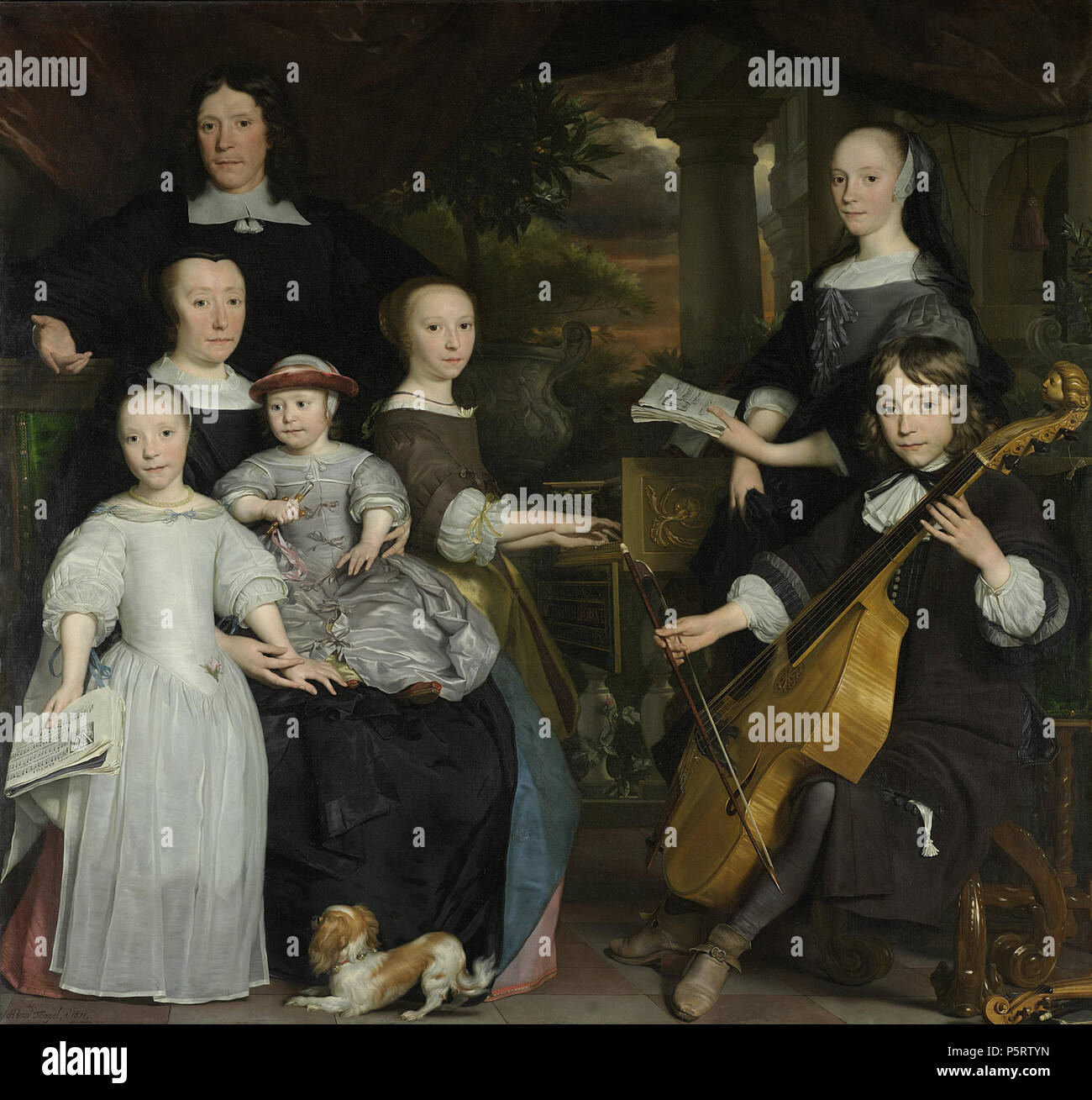 David Leeuw ha incontrato zijn gezin . Nederlands: Familieportret van David Leeuw (1631/32-1703), koopman te Amsterdam, met zijn gezin op een terras met zicht op een tuin. Links David Leeuw ha incontrato zijn echtgenote Cornelia Hooft (1631-1708) en op schoot hun dochter Suzanna (1669-1726) met een fluit. Naast staan haar Cornelia (1662/63-1716) met een liedboek en Weyntje (1659-1728), spelend op de klavecimbel. Rechts Pieter (1656/57-77) spelend op een viola da gamba en Maria (1652/53-1721) met een liedboek in de mano. Op de voorgrond een hondje. ; Abraham van den Tempel (ca. 1622-1672), olieverf op doek, 1671 Foto Stock