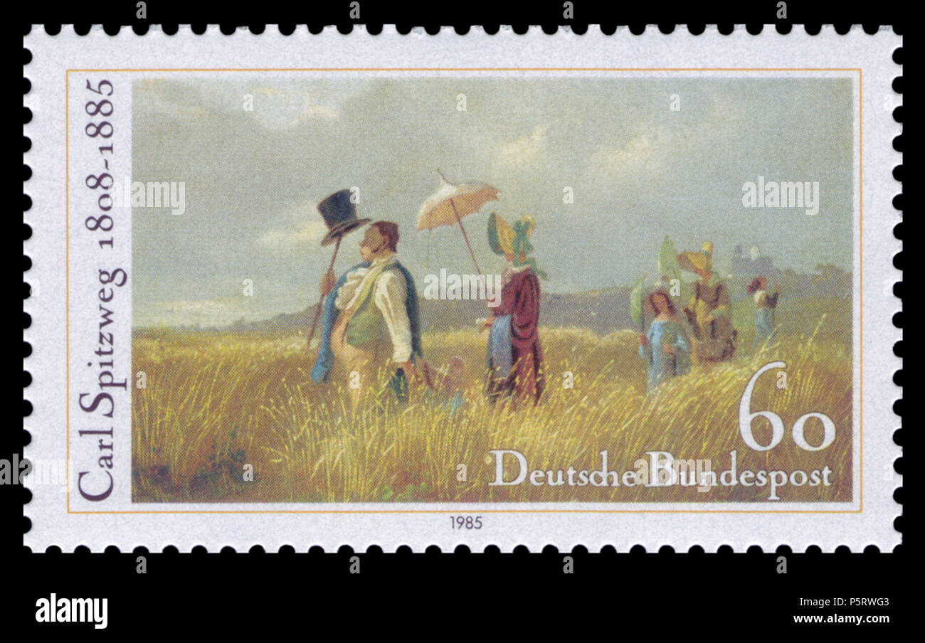 N/A. Inglese: centesimo giorno della morte di Carl Spitzweg (1808-1885) Deutsch: 100. Todestag von Carl Spitzweg (1808-1885) Grafica da Lüdtke Ausgabepreis: 60 Pfennig primo giorno del rilascio / Erstausgabetag: 13. Agosto 1985 Michel-Katalog-Nr: 1258 . 29 agosto 2010. N/A 417 DBP 1985 1258 Carl Spitzweg - Sonntagsspaziergang Foto Stock