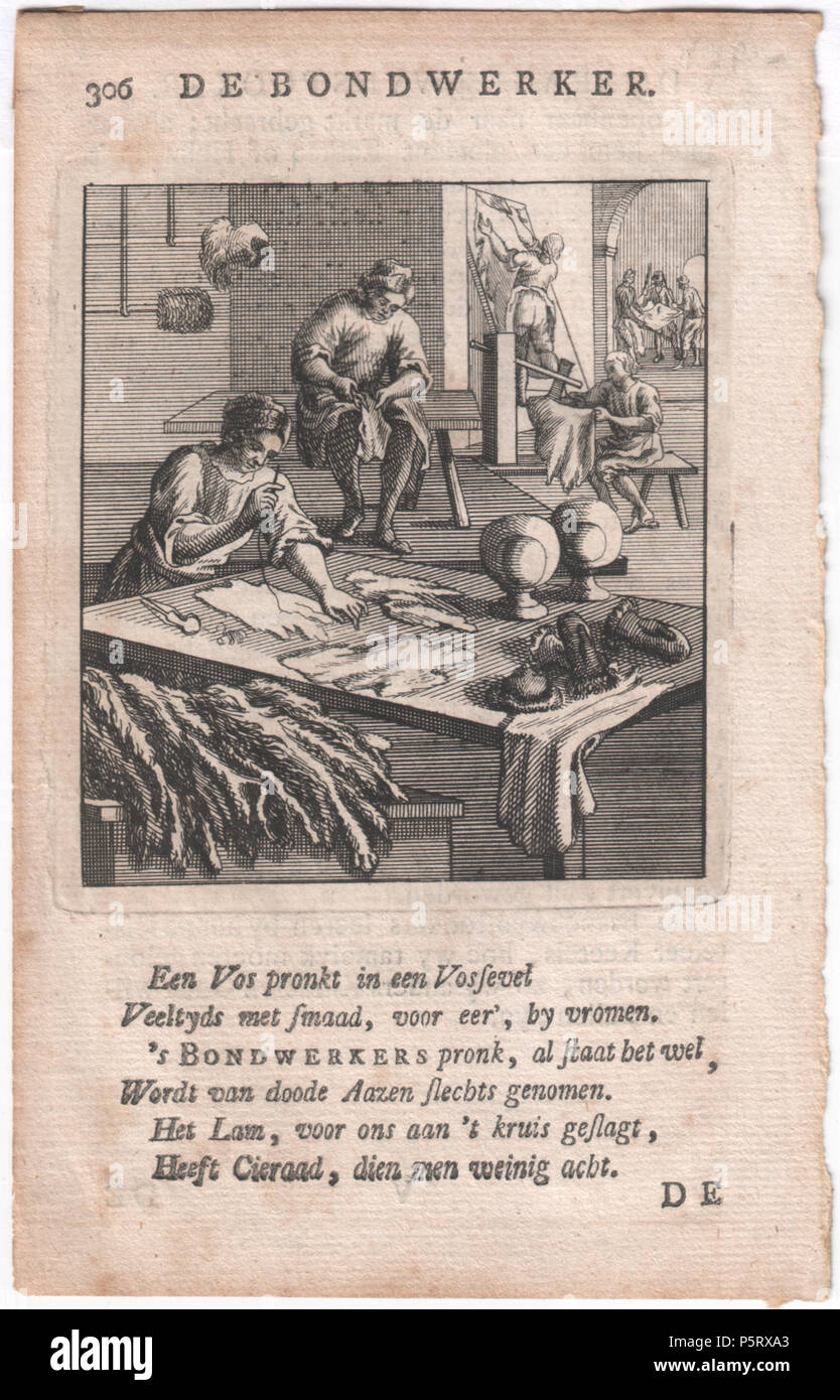 N/A. Nederlands: De Bontwerker. Kopergravure. Naar: J. en C. Luyken. Abramo van St. Clara - uit: 'Iets voor ons allen'. Een Vos pronkt in een Vossevel Veltyds incontrato smaad, voor Eer", da vromen. s BONDWERKERS pronk, al staat het wel, Wordt van doole Aazen slechts genomen. Het Lam, voor ons non un kruis geslagt, Heeft Cieraad, dien min weinig acht. D. E. . 1745. D. E. 418 De Bondwerker Foto Stock