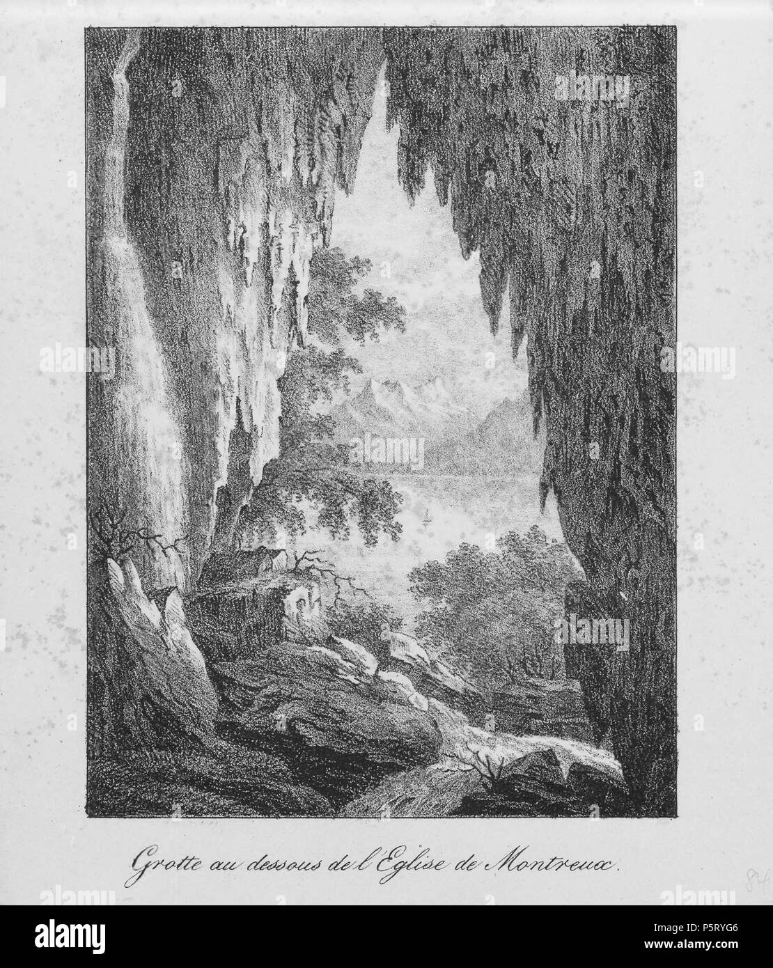 N/A. Français : Livre: "La Suisse en miniatura : 100 vues lithographiées' ; Grotte au dessous de l'Eglise de Montreux . 1831. Rothmüller, Jacques ; Chavannes, Herminie ; Frey, Samuel ; Engelmann, Godefroy ; Courtois, Jean-Baptiste 318 CH-NB-La Suisse en-19522 in miniatura-page085 Foto Stock