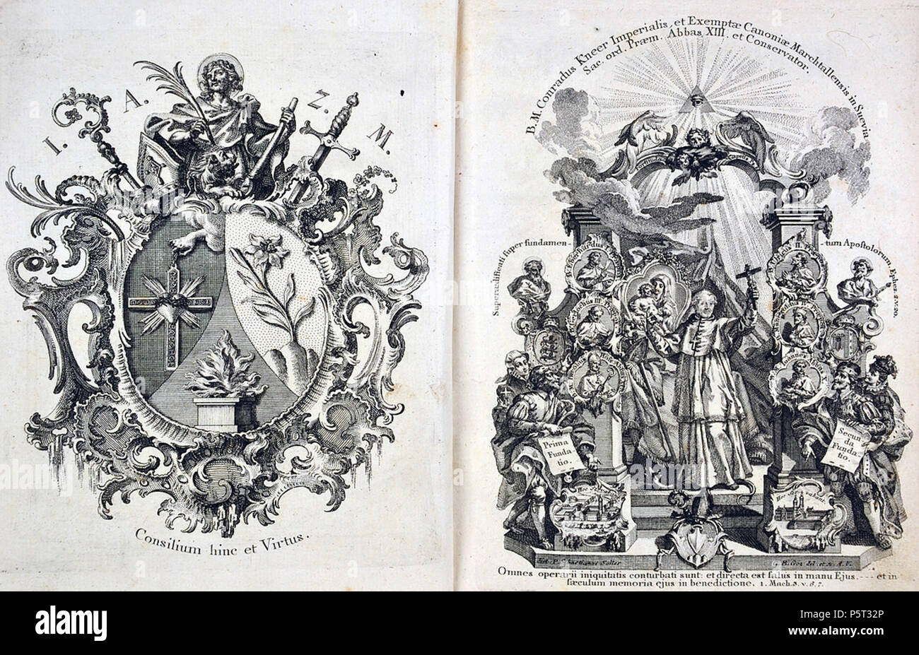 N/A. Titel von: Sebastian Sailer: Das jubilierende Marchtall, oder Lebensgeschichte des hochseligen Konrad Kneers. Obermarchtal 1771. 1771. Sconosciuto 414 Das jubilierende Marchtall img01 Foto Stock