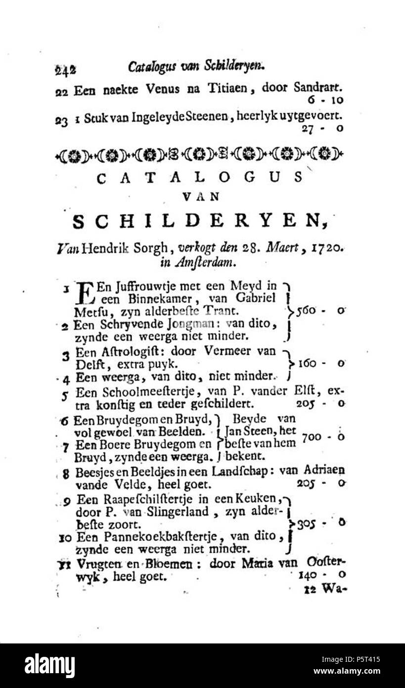 N/A. Catalogus di naamlyst van schilderyen, incontrato derzelven pryzen. Porta Uitgegeven Gerard Hoet, 's Gravenhage: Pieter Gerard van Baalen, 1752, p. 242. 1752. Gerard Hoet 282 Catalogus di naamlyst van schilderyen, incontrato derzelven pryzen p 242 Foto Stock