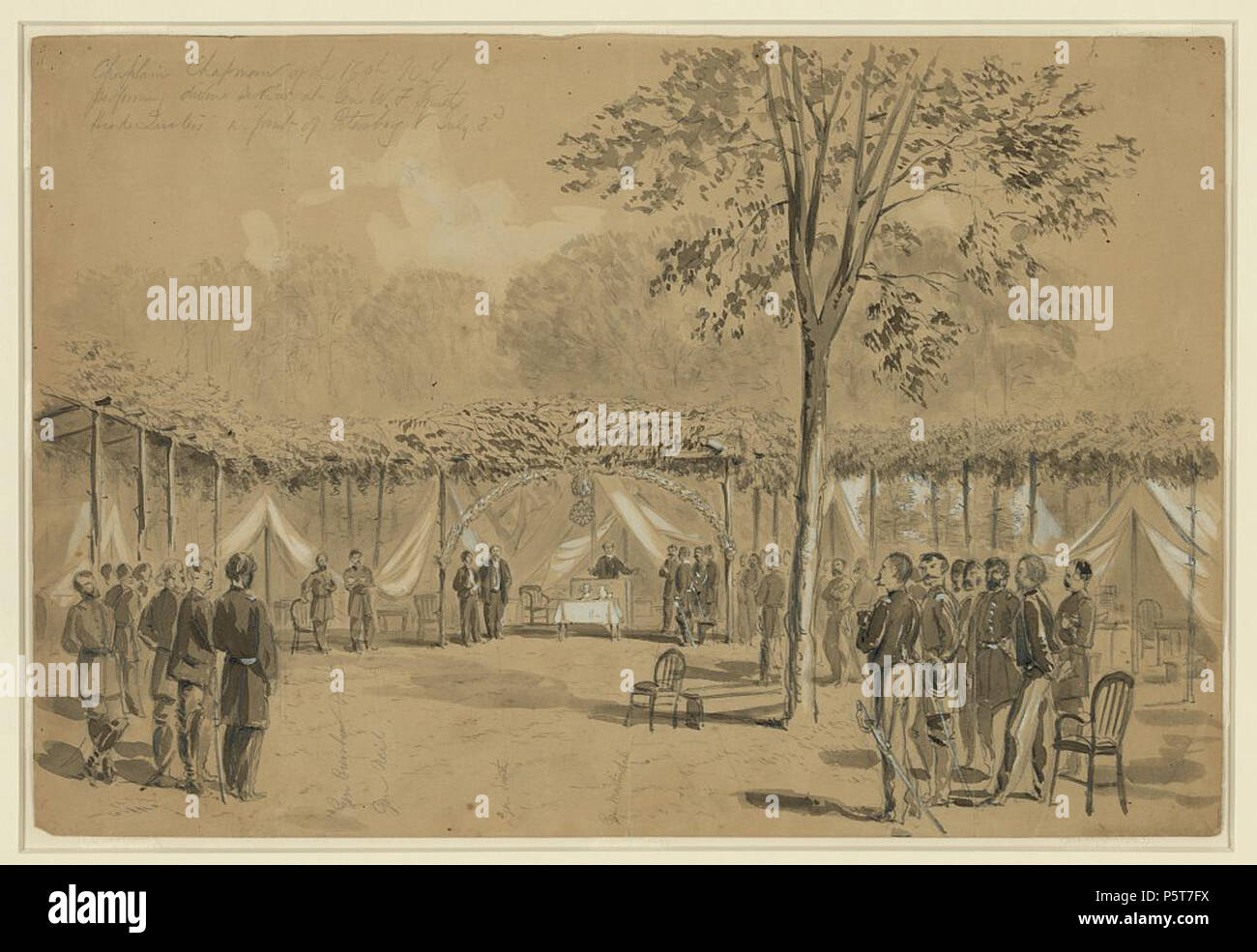 Inglese: Cappellano Chapman . Inglese: Cappellano Chapman del 169N.Y. eseguendo il servizio divino a gen. W.F. Smith ha sede nella parte anteriore di Pietroburgo, 3 luglio . [1864 luglio 3]. William Waud (1832-1878) nomi alternativi William Waud Descrizione artista britannico e illustrator Data di nascita e morte 1832 10 Novembre 1878 Luogo di nascita Inghilterra periodo di lavoro Guerra civile americana sede di lavoro Stati Uniti d'America Autorità controllo : Q3569022 VIAF:315944571 ISNI:0000 0004 4881 1881 ULAN:500107273 LCCN:nr92030175 WorldCat 324 Cappellano-chapman Foto Stock