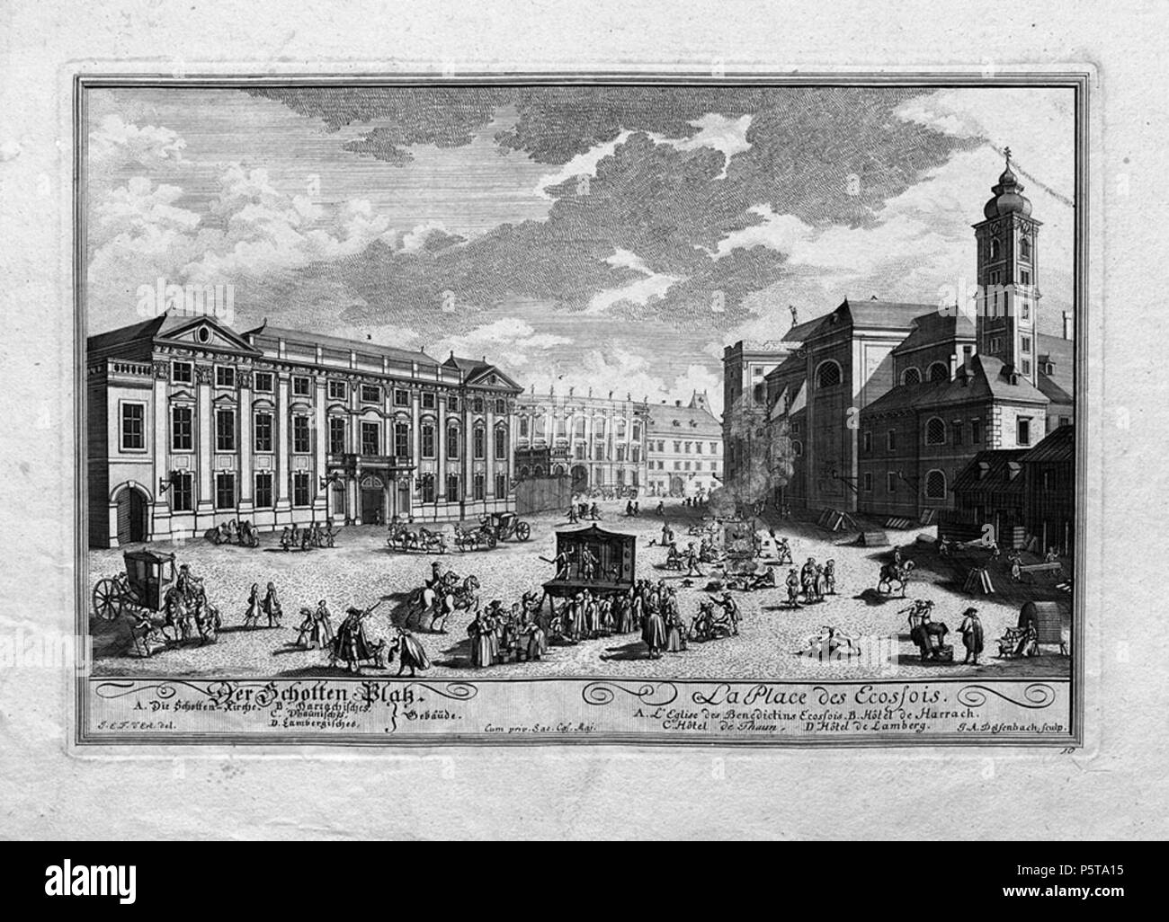 N/A. Wien. Prospecte und Abriße einiger Gebäude von Wien. Schottenplatz. Ca. 38 x 52 cm Nach Entwürfen von Johann Bernhard Fischer von Erlach, gestochen von Johann Adam Delsenbach. Um 1740. 1740 circa. Johann Adam Delsenbach (1687-1765) Descrizione calcografia tedesco incisore e pittore Data di nascita e morte 9 Dicembre 1687 16 Maggio 1765 Luogo di nascita e morte Norimberga Norimberga posizione di lavoro autorità di Norimberga controllo : Q1692223 VIAF:15044844 ISNI:0000 0000 6628 7500 ULAN:500025055 LCCN:nb2002072316 WGA:DELSENBACH Johann Adam WorldCat 433 Delesenbach Wien c1740 03 Foto Stock