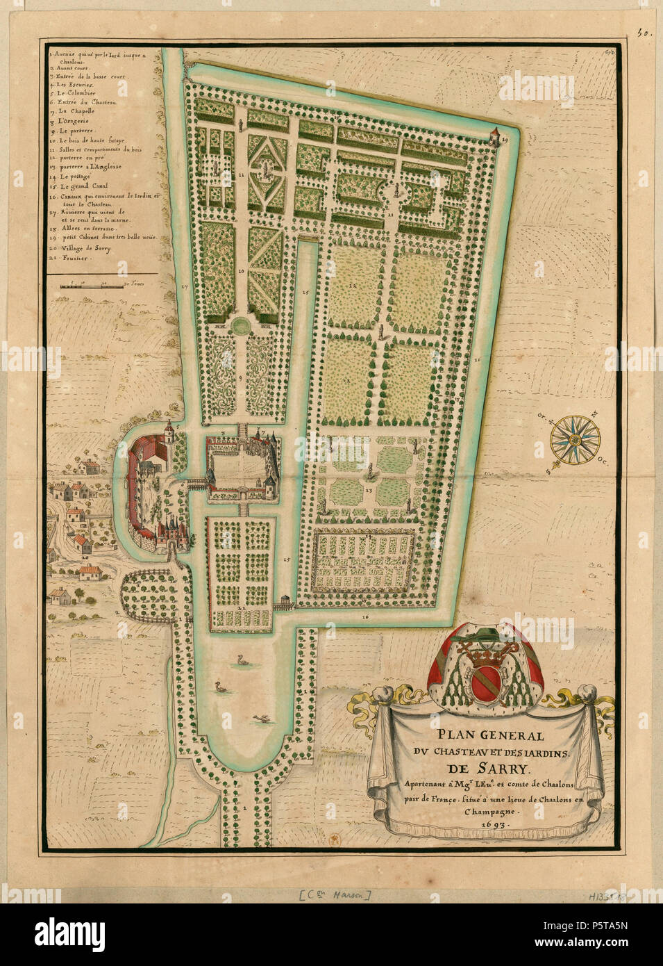 N/A. Français : carte du Chateau de Sarry, ancien château des évêques de Châlons. Plan général du chasteau et des jardins de Sarry, apartenant à Mgr L'Ev.e et Comte de Chaalons coppia de France. situé à une lieue de Chaalons en Champagne // 1693 : [dessin] . 1693. Sconosciuto 335 Chateau de Sarry 4065 Foto Stock
