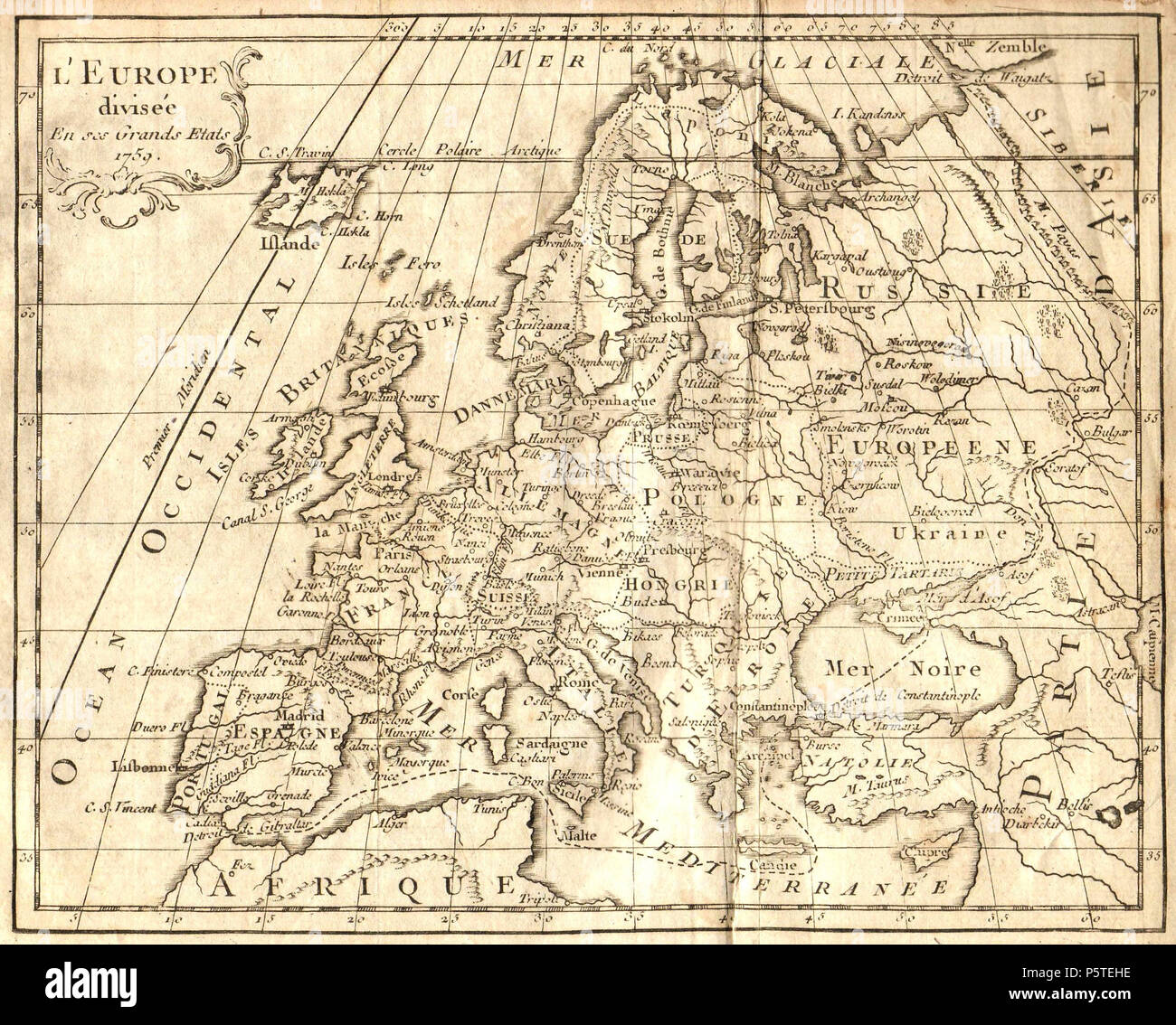 N/A. Français : Carte d'Europa dressée en 1763 avec le méridien origine à l'ile de fer (Canarie) . 1763. Non identifiés 279 Carte Europa 1763 Foto Stock