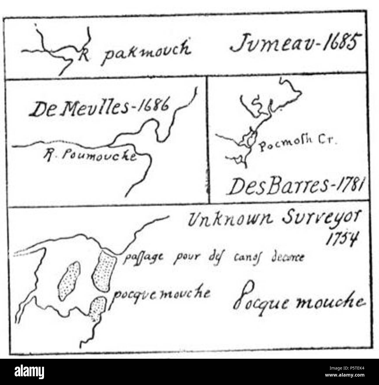 N/A. Inglese: Vari histroical mappe di Pokemouche, New Brunswick, Canada. Français : Plusieurs cartes historiques de Pokemouche, au Nouveau-Brunswick (Canada). tra il 1685 e il 1784. I subacquei 279 Carte Pokemouche Foto Stock