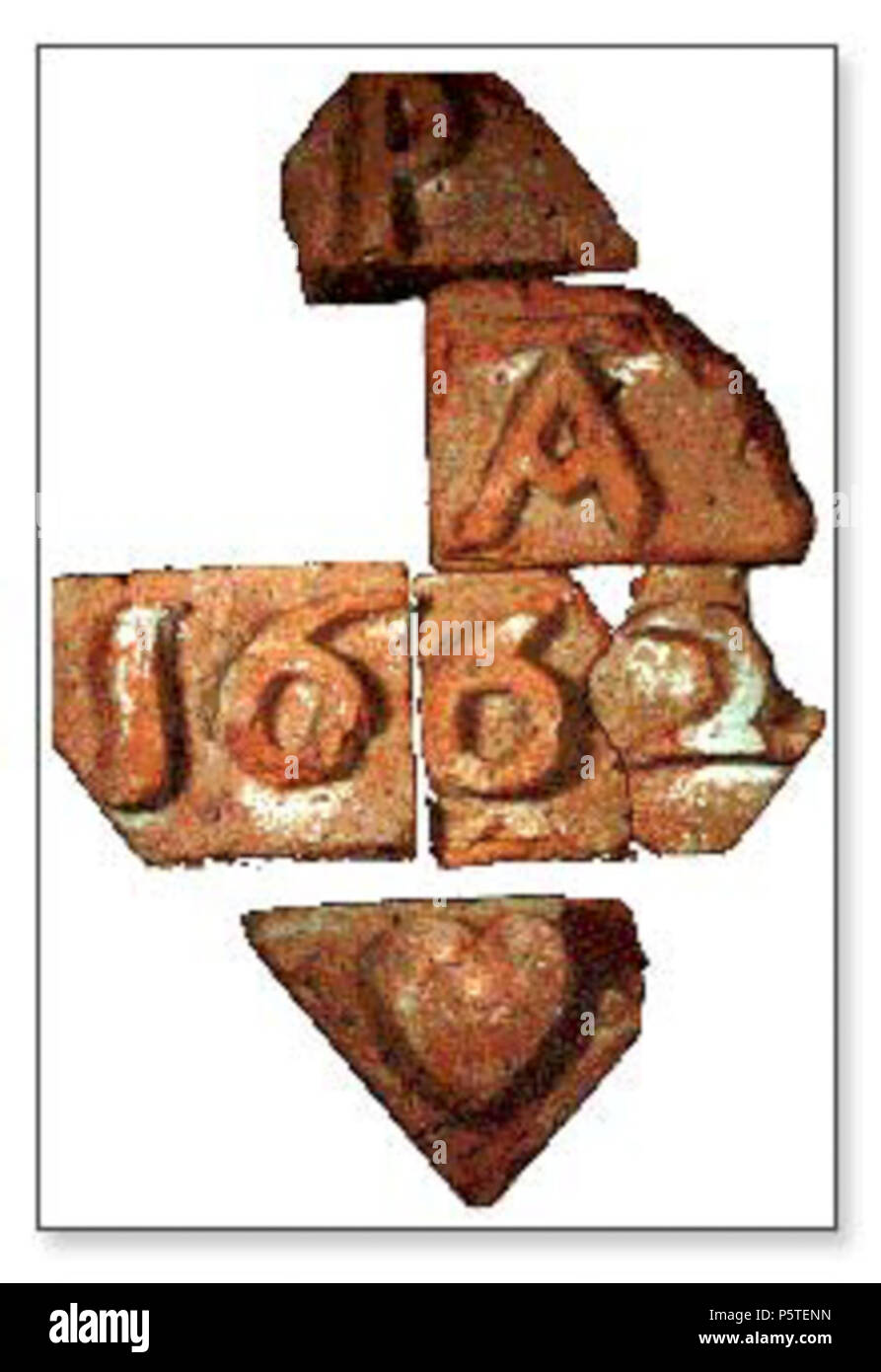 N/A. Inglese: cartiglio in mattoni che avrebbe sormontato l'architrave della porta di Giovanni Pagina in casa Williamsburg, Virginia. Le sei mattoni avrebbe raffigurato un P per pagina, a J (perso), un per sua moglie Alice e un cuore in fondo . 1662. Sconosciuto 279 cartiglio Giovanni Casa Pagina 1662 Williamsburg Foto Stock