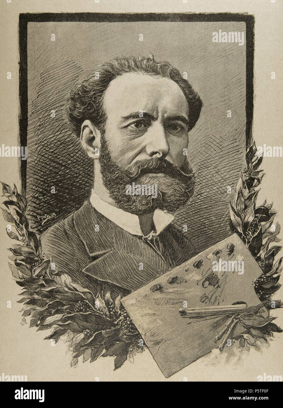 Jose Maria Casado del Alisal (1832-1886). Pittore spagnolo. Incisione di Pla Valor y. L'iberico illustrazione, 1886. Foto Stock