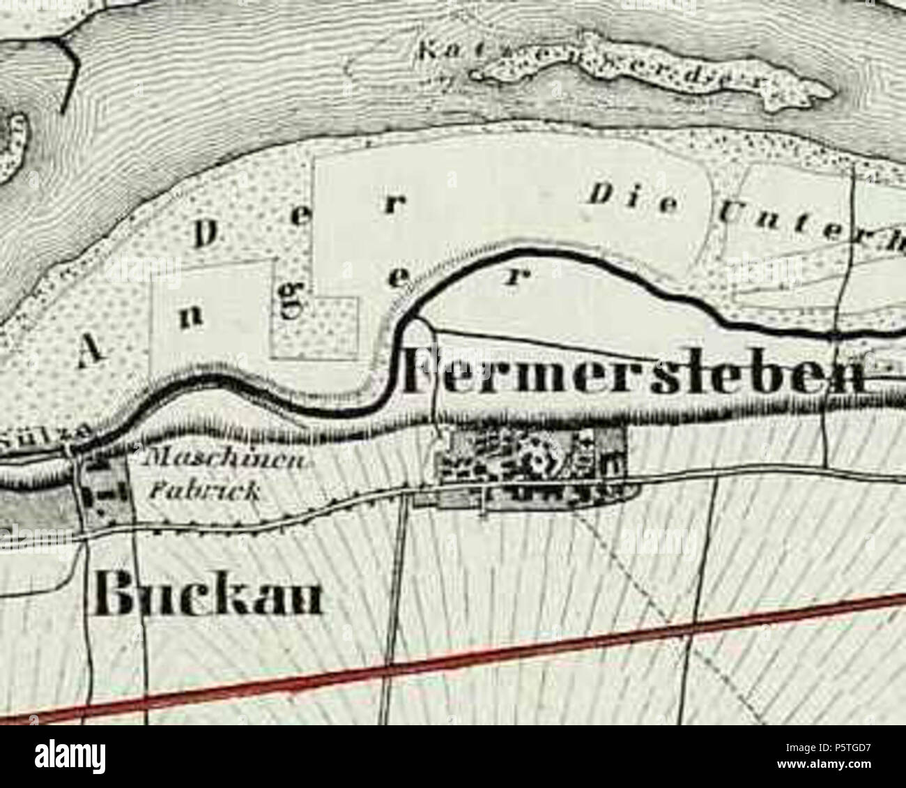 N/A. Deutsch: Ausschnitt aus der Karte Platts Albrecht von 1841, Fermersleben, oben (Osten) ist noch Die Insel Katzenwerder in der Elbe vorhanden, die Sülze befindet sich noch im ursprünglichen Bachbett, die Salbker visto sind nicht vorhanden, link (Norden) liegt Buckau mit der bereits vorhandenen Maschinenfabrik Buckau, unten (Westen) verläuft die Eisenbahnlinie, der am Nordende Fermerslebens nach Westen verlaufende Weg dürfte die heutige List-Str. sein . 1841. Albrecht Platt 288 CFI0612278 Foglio2 1CAY7V9PZ Fermersleben 1841z Foto Stock