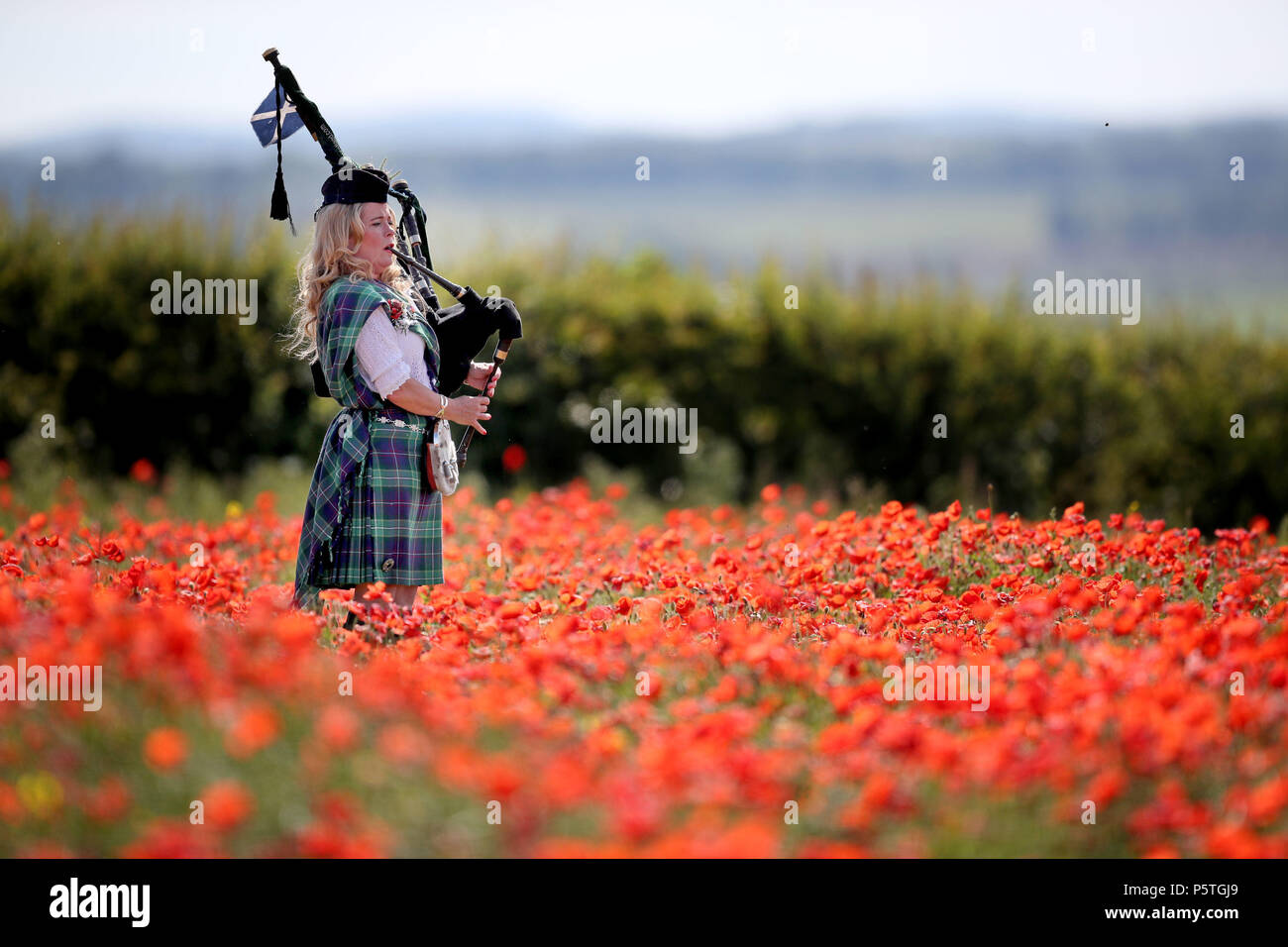 Musicista Louise Marshall riproduce le cornamuse in un campo di papavero in Midlothian durante il lancio di una nuova composizione musicale, "Armistizio", che è stato rilasciato per un concerto a livello globale con una crowdsourced orchestra internazionale. Il pezzo sarà giocato in tutto il mondo dai musicisti volontari nel pomeriggio del Giorno del Ricordo e condiviso su social media. Foto Stock