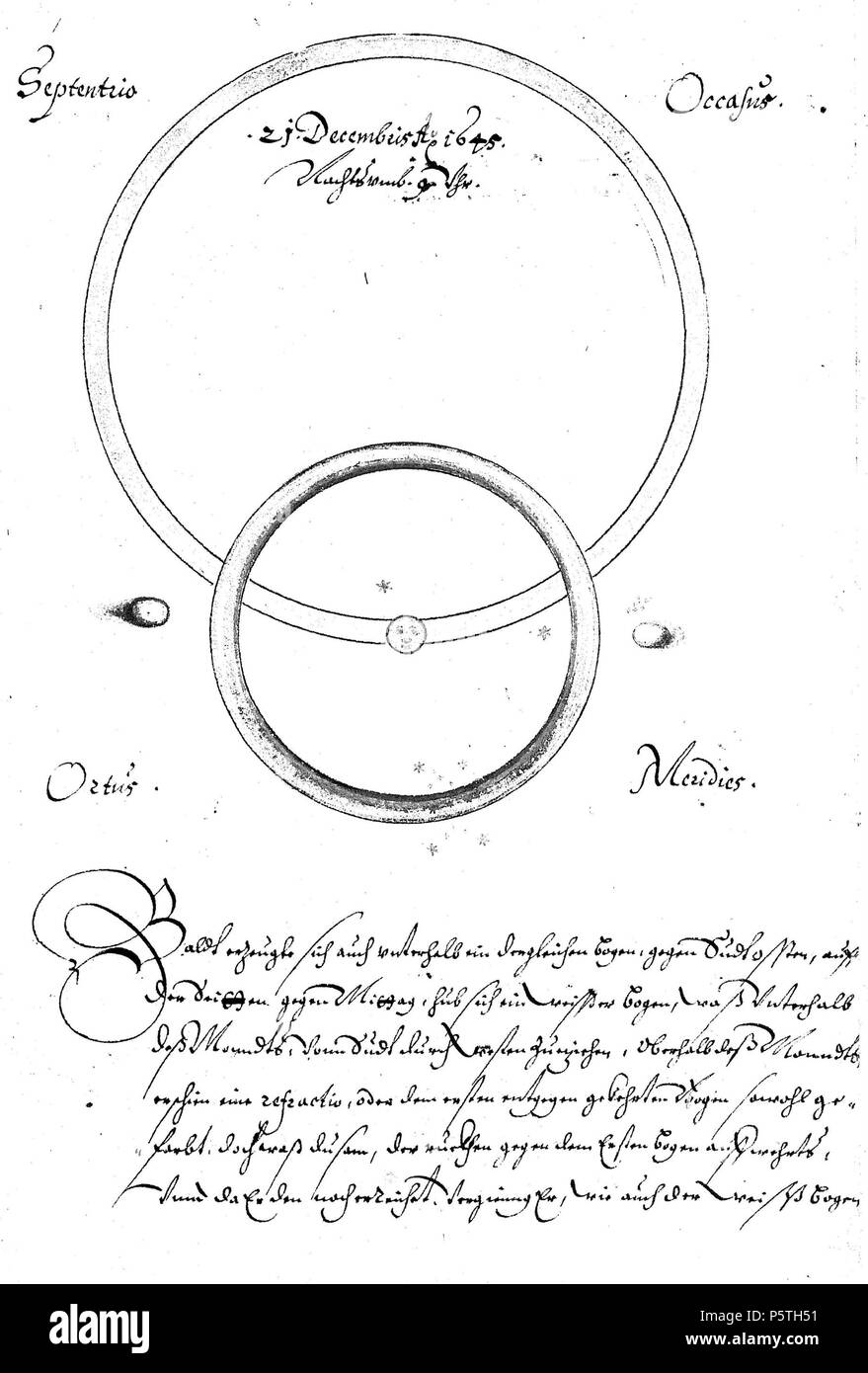 N/A. Ein Mondhof : Anno 1645 un S. Thomae Tag den 21. Proxime, Nachts oder Umb 8 der kleinen Uhr nachmittag, hat der Monndt, così noch nicht gar vol, oberhalb gegen Nordwesten, ein Bogen gehabt . 1645. Sconosciuto 420 De Ein Mondhof 2 Foto Stock