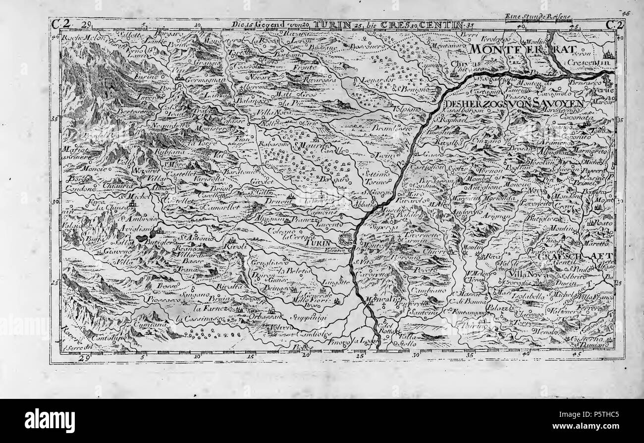 N/A. Deutsch: 'Curioses Staats- und Kriegs-Theatrum Dermahliger Begebenheiten in Savoyen : durch Unterschiedliche Geographische, Hydrographische, Topographische, Chronologische, Genealogische, Historische ecc. Carten, Abrisse, und Tabellen erlaeutert und zu Bequaemen Gebrauch Ausgefertiget' ; Die Gegend von Torino bis Cres Centin . circa 1706. Gabriel Bodenehr der Jüngere (1664-1758) 317 CH-NB-Curioses Staats- und Kriegs-Theatrum Dermahliger Begebenheiten -in Savoyen-...-19944-page017 Foto Stock