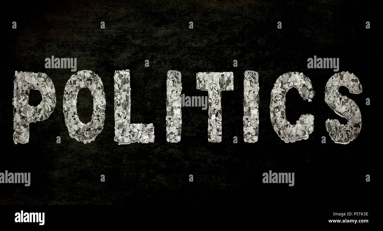 La parola politica con quotidiano coriandoli e sfondo nero Foto Stock