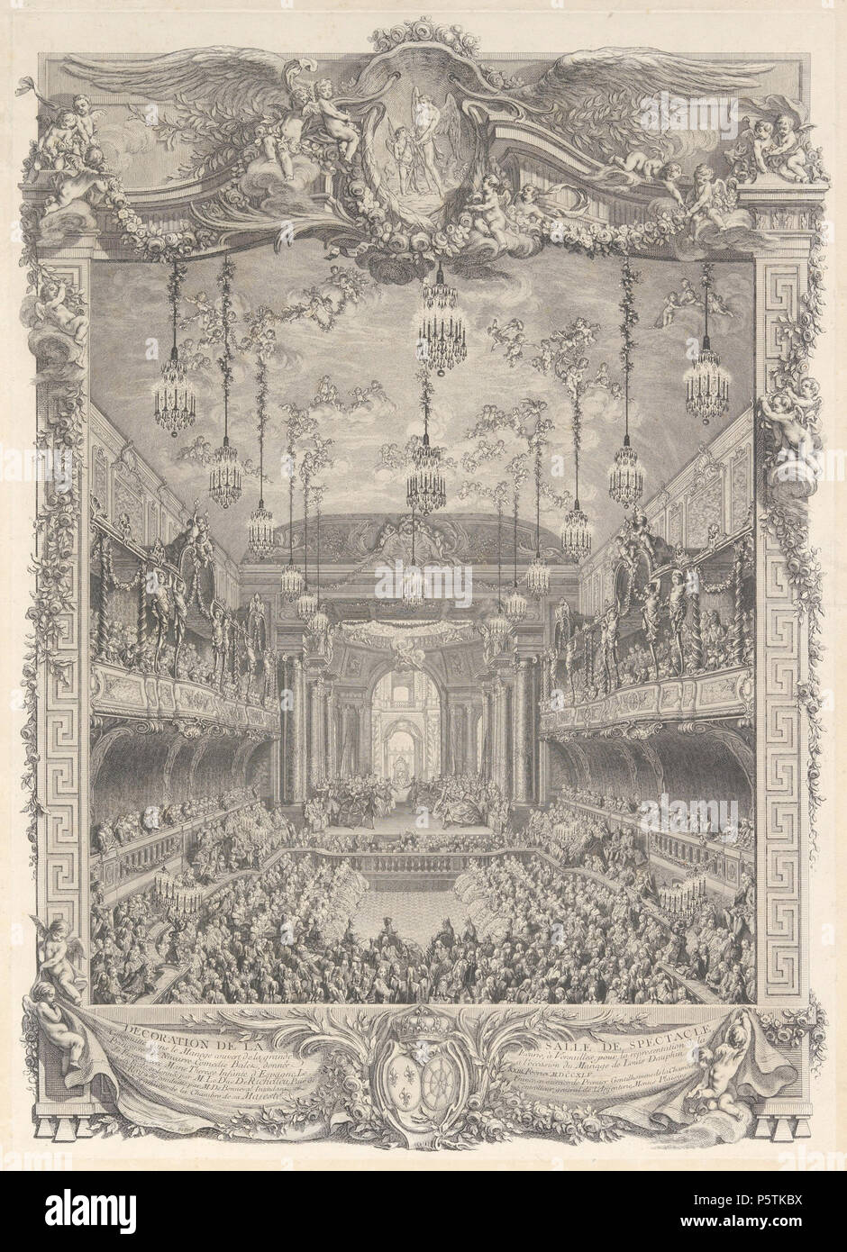 Decorazione de la salle de spettacolo construite a Versailles pour la rappresentazione de la princesse de Navarra circa 1745. N/A 328 Charles Nicolas Cochin II, decorazione de la salle de spettacolo construite a Versailles pour la rappresentazione de la princesse de Navarra, ca. 1745 Foto Stock