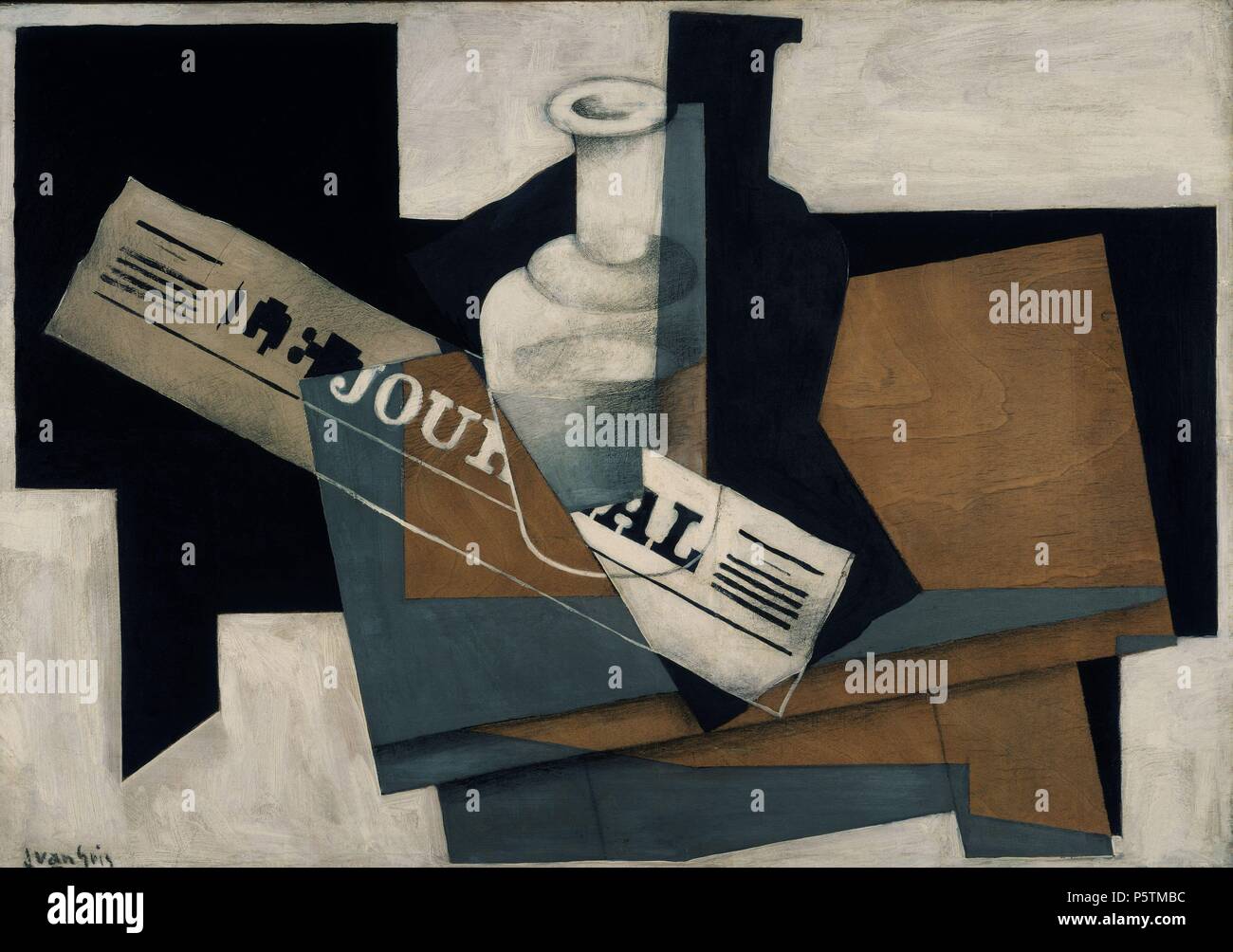 GARRAFA Y PERIODICO 1916.OLEO Y LAPIZ/TABLA. Autore: Juan Gris (1887-1927). Posizione: esterno, NORTON G-Florida. Foto Stock