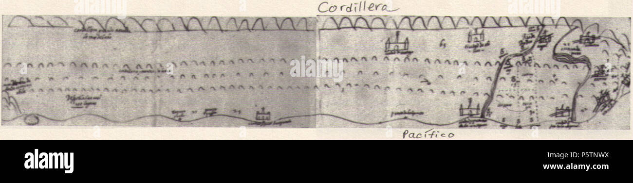 N/A. Deutsch: Karte von Südchile aus dem Jahr 1610 (Norden links; unten die Pazifikküste, oben ist die Gebirgskette der Anden eingezeichnet), entstanden als Teil eines Berichts militärischen mit Darstellung der im zerstörten Arauko-Krieg Ansiedlungen (durchgestrichene Siedlungssymbole ganz rechts). Abgedruckt in: Ricardo Padrón, Lo spazioso mondo. Cartografia, Letteratura e impero nei primi Spagna moderna, University of Chicago Press 2004, S. 81 (Fig. 22). Inglese: Mapa del Reino de Chile (mappa del Regno del Cile). Il nord è a sinistra. Mappa è stata prodotta nel 1610 come parte di una relazione sul Foto Stock
