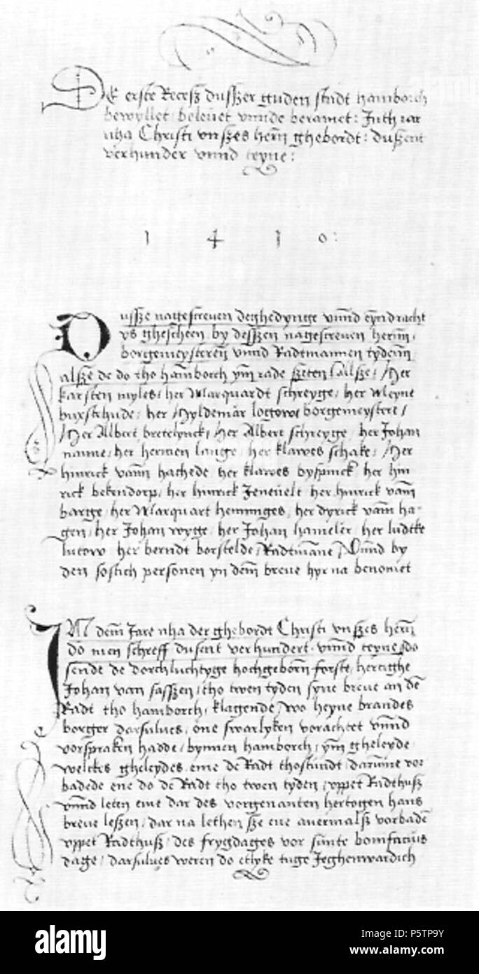 N/A. Deutsch: "Der erste Rezeß" von 1410, in dem erstmals Mitwirkungsmöglichkeiten der cittadino der Stadt Hamburg festgeschrieben wurden. 1410. Sconosciuto 436 Der erste Rezess von 1410 Foto Stock