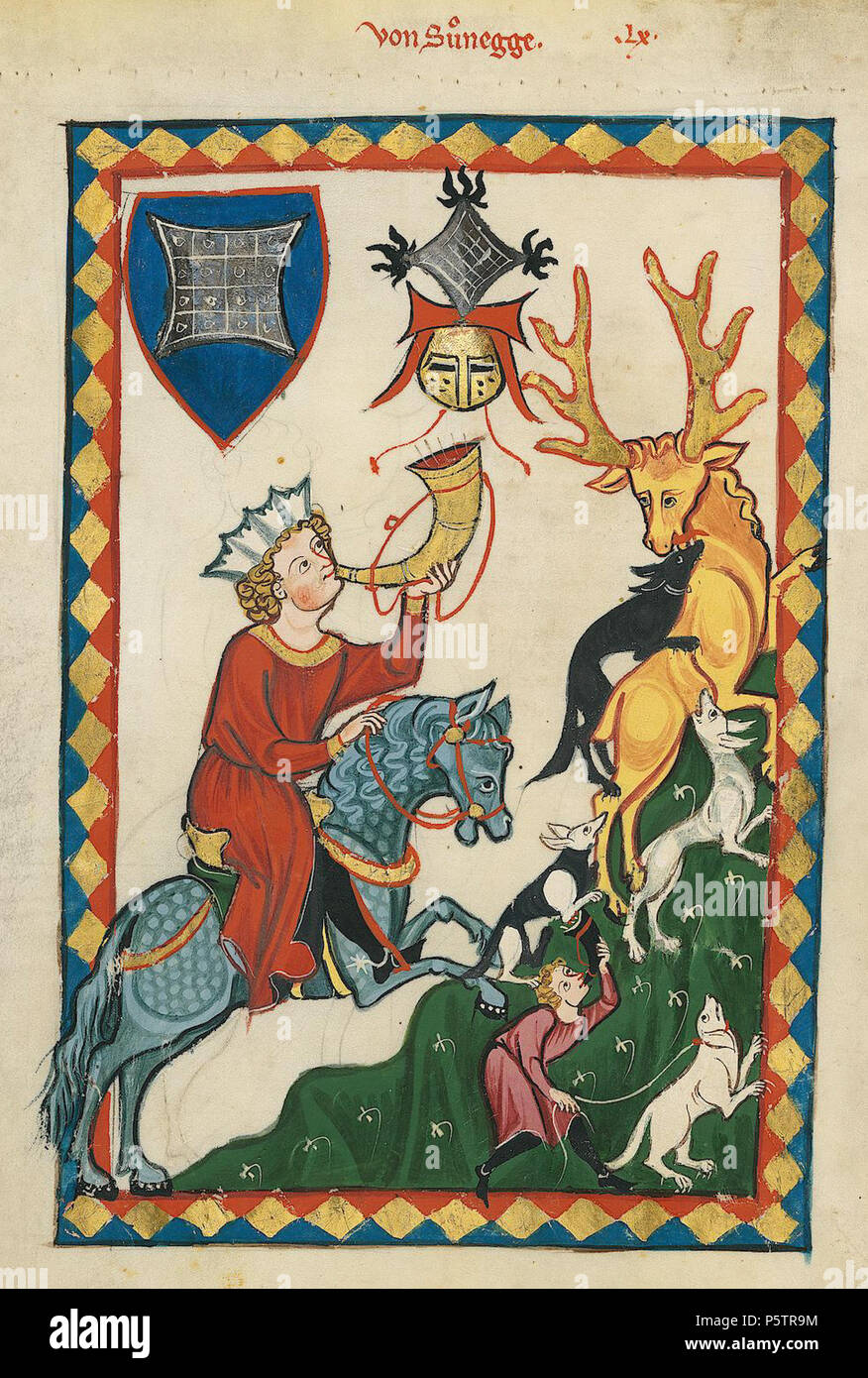N/A. Deutsch: Codex Manesse, UB Heidelberg, Cod. Pal. germe. 848, fol. 202v: Der von Suonegg; vermutlich Konrad von Suonegge (bezeugt 1220-1241) aus der Familie der Freien von Suonegge, beheimatet in der Untersteiermark . tra 1305 e 1315. Meister des Codex Manesse (Grundstockmaler) Descrizione pittore tedesco periodo di lavoro c. 1305-1340 () 437 Der von Suonegge Foto Stock