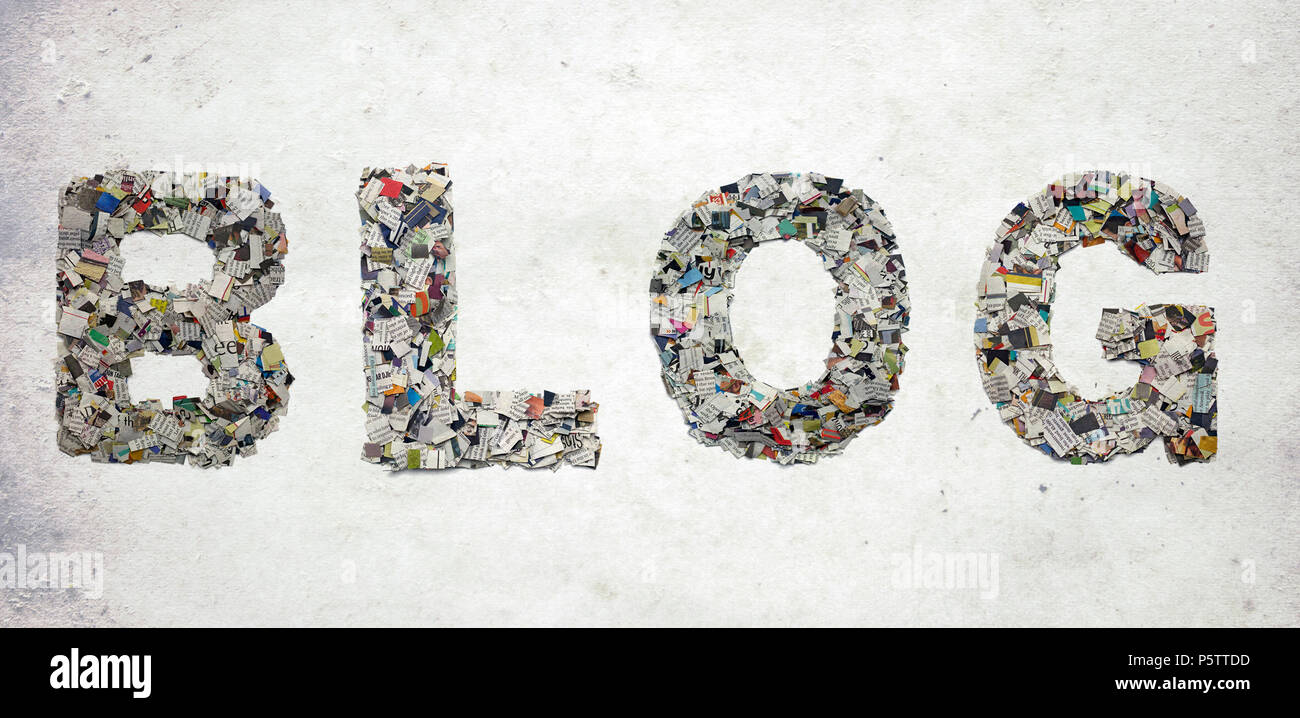 La parola blog con quotidiano confetti sul vecchio trama della carta Foto Stock