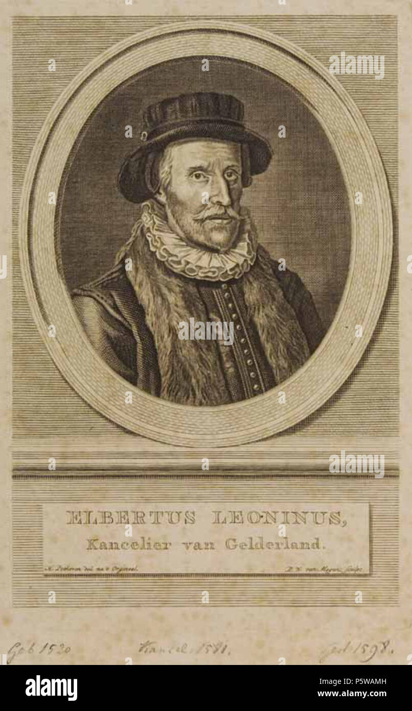 N/A. Inglese: Elbertus Leoninus era il nome latinizzato di Elbert de leeuw (Zaltbommel, 1519 o 1520 - Arnhem, 16 Dicembre 1598[1]), Olandese giurista e statista, che ha contribuito a negoziare la pacificazione di Gand. Nederlands: Elbertus Leoninus (eigenlijk Elbert de leeuw) è stato van 1548 tot 1579 hoogleraar te Leuven en stond in hoog porta aanzien zijn juridische kennis. Hij trachtte na het uitbreken van Tachtigjarige Oorlog (1568) te bemiddelen en bracht adviezen uit aan Granvelle, Margaretha van Parma en Alva, più tardi ook aan de prins van Oranje (1567). tra il 1770 e il 1785. Hendrik Pothoven (relatore) Foto Stock