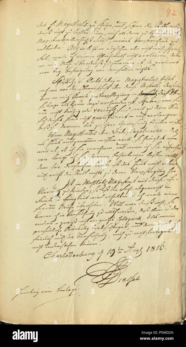 N/A. Deutsch: Die Akte spiegelt den Prozess bis zur Einrichtung des Armenhauses a Charlottenburg . tra 1798 e 1820. Magistrat der Stadt Charlottenburg 331 Charlottenburg-Magistrat-Acta Armenhaus-1798-1820-092-1 Foto Stock