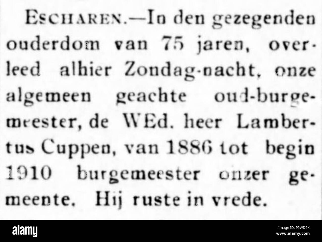 N/A. Nederlands: Overlijdensbericht Lambertus Cuppen (1835-1910), burgemeester van Escharen van 1886 tot 1910. Uit De Volksstem, 21e jaargang, nr. 45, p. 7. Il 4 gennaio 1911. Anonimo 428 De Volksstem vol 21, n. 45, ARTICOLO 001 Foto Stock