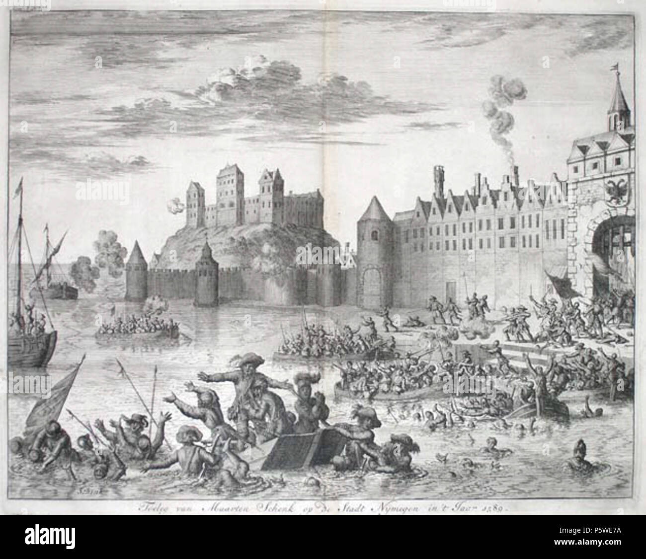 N/A. Nederlands: Aenslagh van Marten Schenk op de stadt Nymegen staat onder deze prent uit de Historie der Nederlandsche oorlogen. Inglese: la morte di Martin Schenck (1589) nella città di Nijmegen, dalla storia dei Paesi Bassi. 1681. Pieter Bor Christiaensz 430 la morte di Martin Schenck Foto Stock