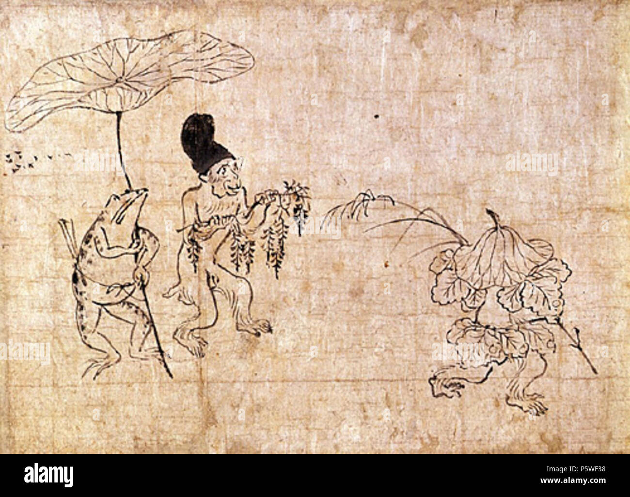 N/A. Inglese: frammento dal primo scorrere di Chj-jinbutsu-giga, raffigurante una rana tenendo un lilypad oltre un monaco alla testa. 1200s. Sconosciuto 342 Chouju lilypad Foto Stock