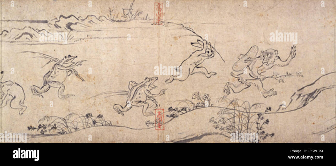 N/A. Inglese: Pannello dalla prima chiocciola di Chj-jinbutsu-giga, un ladro di scimmia corre da animali con lunghi bastoni. 1200s. Sconosciuto 342 Chouju ladro Foto Stock